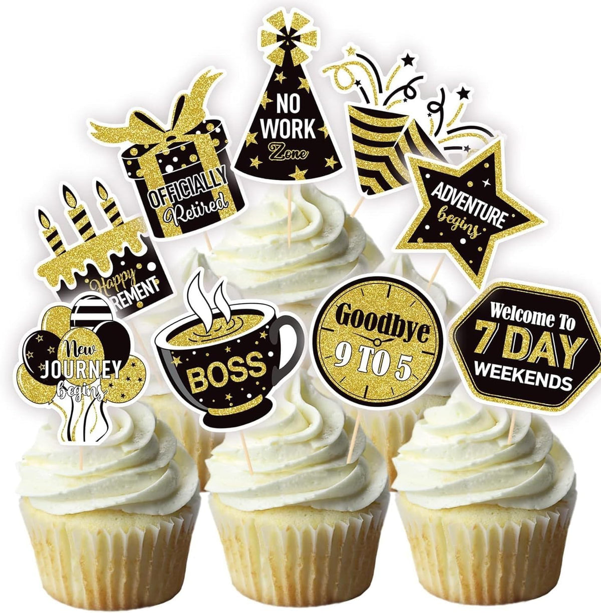 Happy Retirement Party Decorations for Men, Gold Banner, Star Coffee Pennant, Hanging Swirl, Latex Balloons, 70*43" Backdrops,108*54" Tablecloths, Cupcake Topper, Greeting Card, Retired Sash