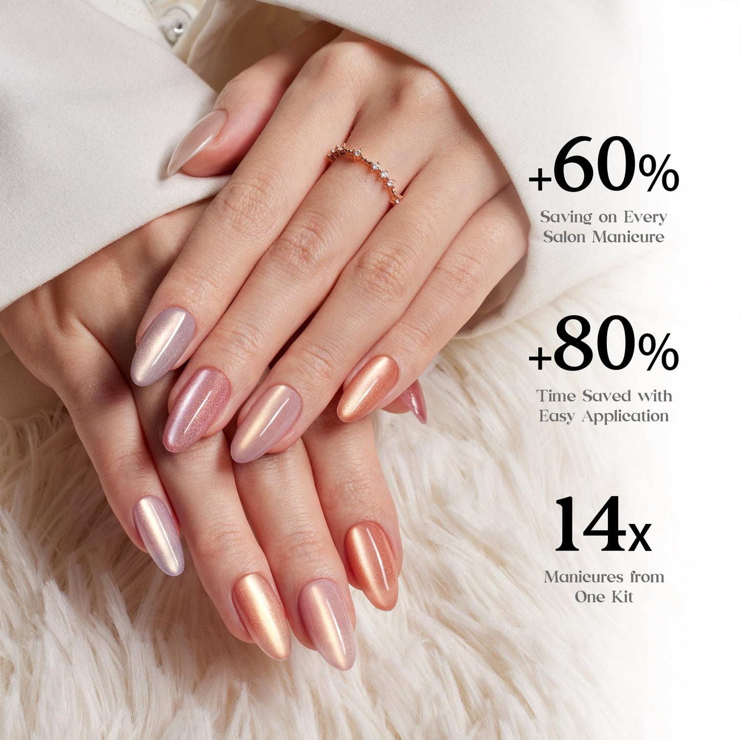 Beetles Cat Eye Nails - 7 Colors Nude Medium Almond Press On Nails | 16 Sizes 224 Pcs Natural Salon Quality Glitter Chasing Light Cateye Nails For Women