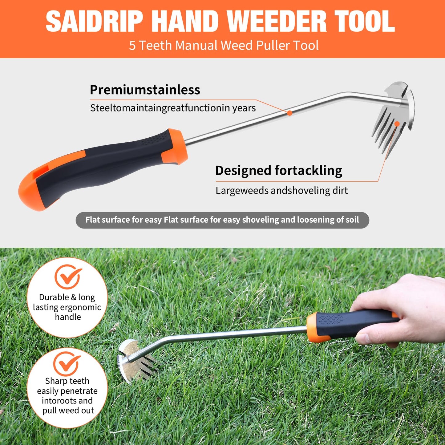Weed Puller Tool, Portable Garden Weeder Tool, 2026 New Model Rubber Non-Slip Handle Stainless Steel 5-Teeth Weeding Tool, Garden Tools for Vegetable Gardening Backyard Farm Planting & Weeding Tool