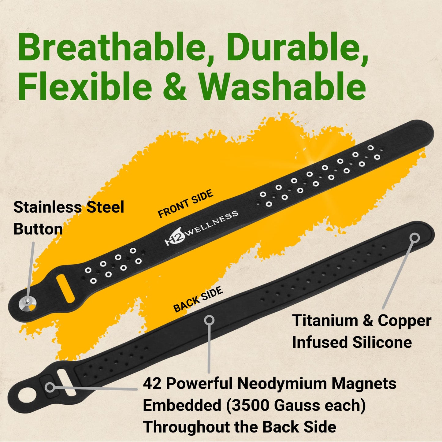 H2WELLNESS Magnetic Therapy Bracelet Super Ultra Strength Waterproof Breathable Comfortable Adjustable Infused with Titanium and Copper Sport Band (Black)