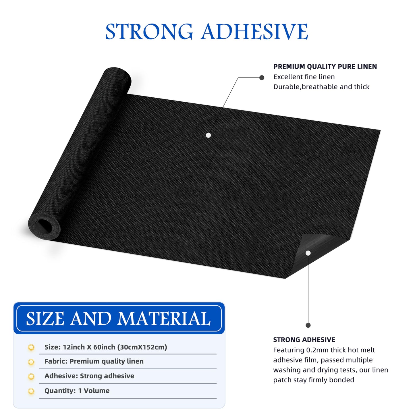 KING MOUNTAIN Linen Iron on Patch,12"×60",Couch Fabric Repair Patch,Used for Various Sofa,Seats, Pillow (Black)