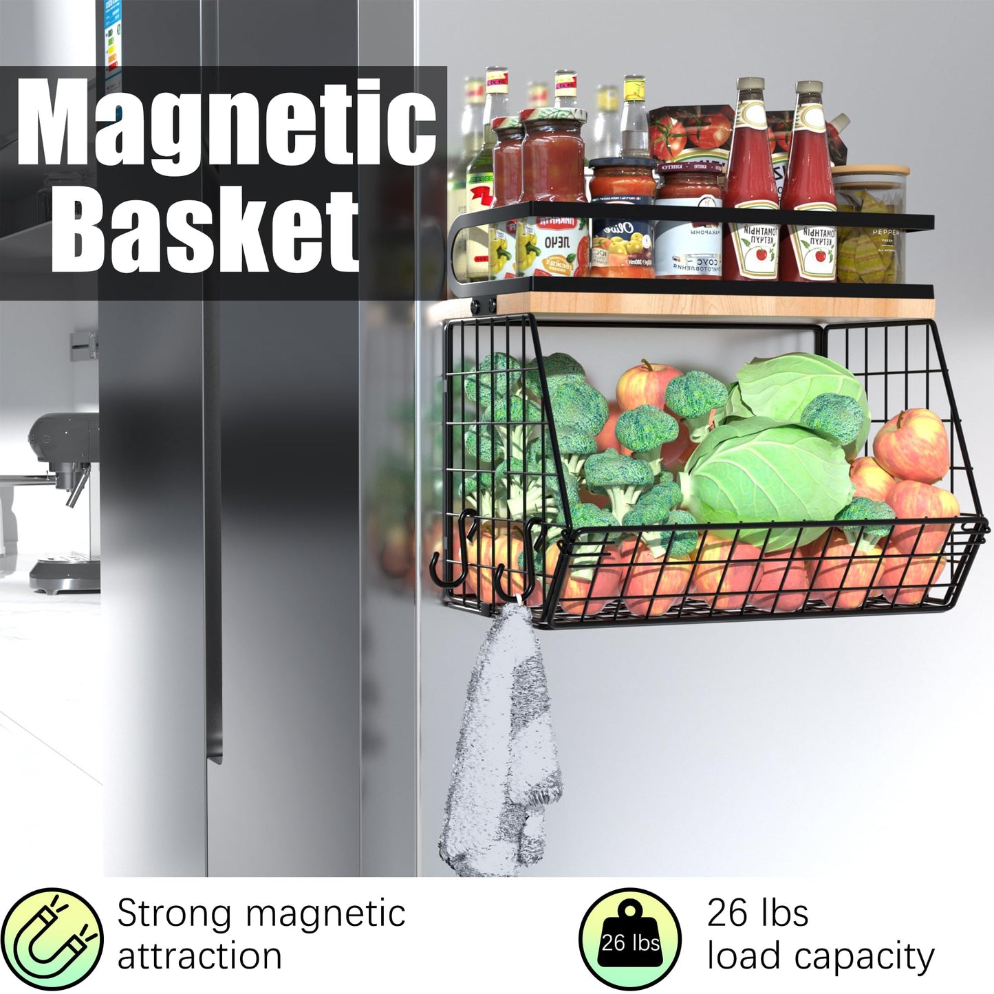 Uninol home Magnetic Shelf for Fridge with Wood Lid, Large Container Magnetic Spice Rack for Refrigerator,Fruit Potato and Onion Storage Bins, Pantry Organizers & Storage, Kitchen Counter, Cabinet