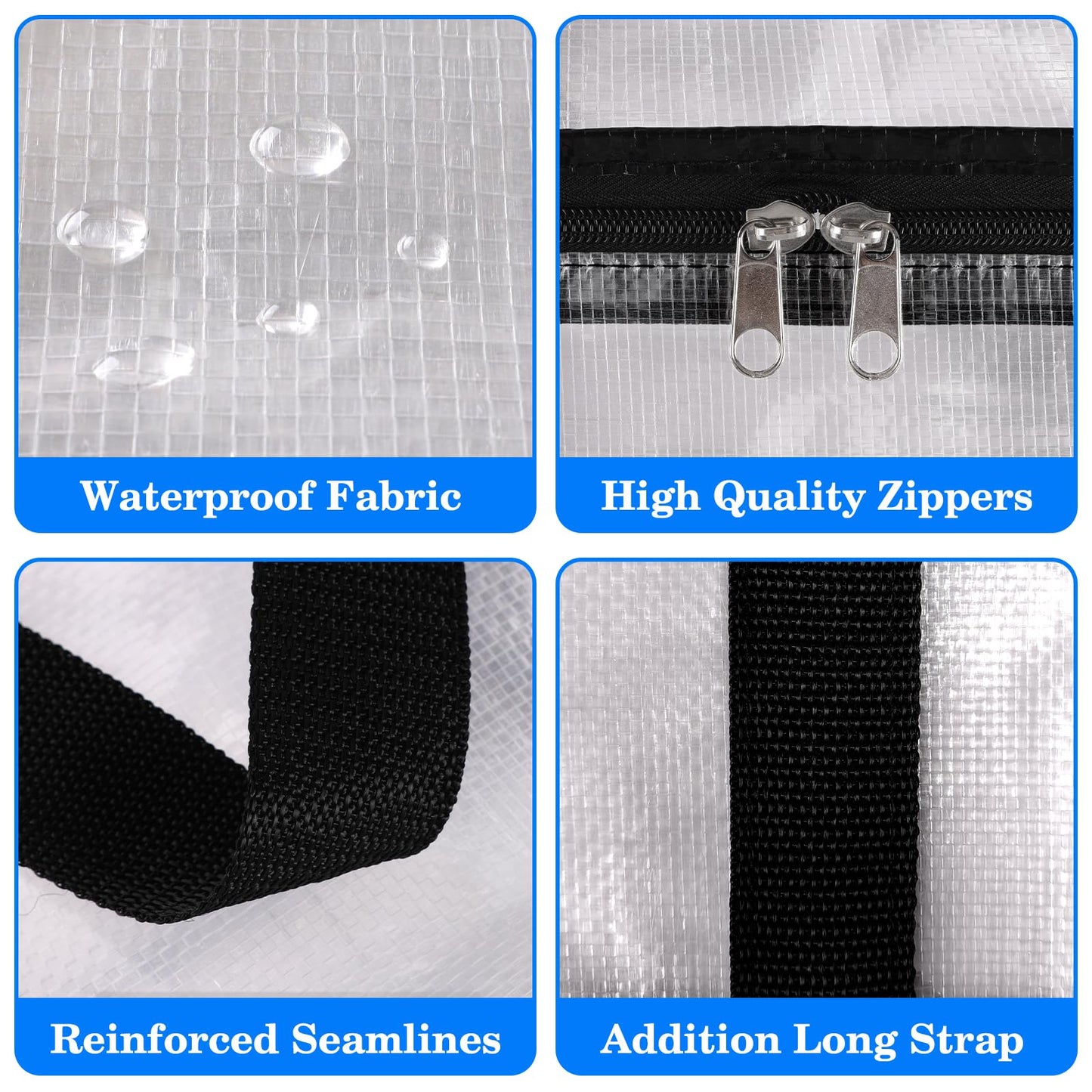 BlissTotes 4-Pack Large Moving Bags with Backpack Straps & Strong Zippers, Heavy-Duty Storage Bags Moving Boxes for Space Saving, Dorms, Transport, 125L-30 Gallons, Clear