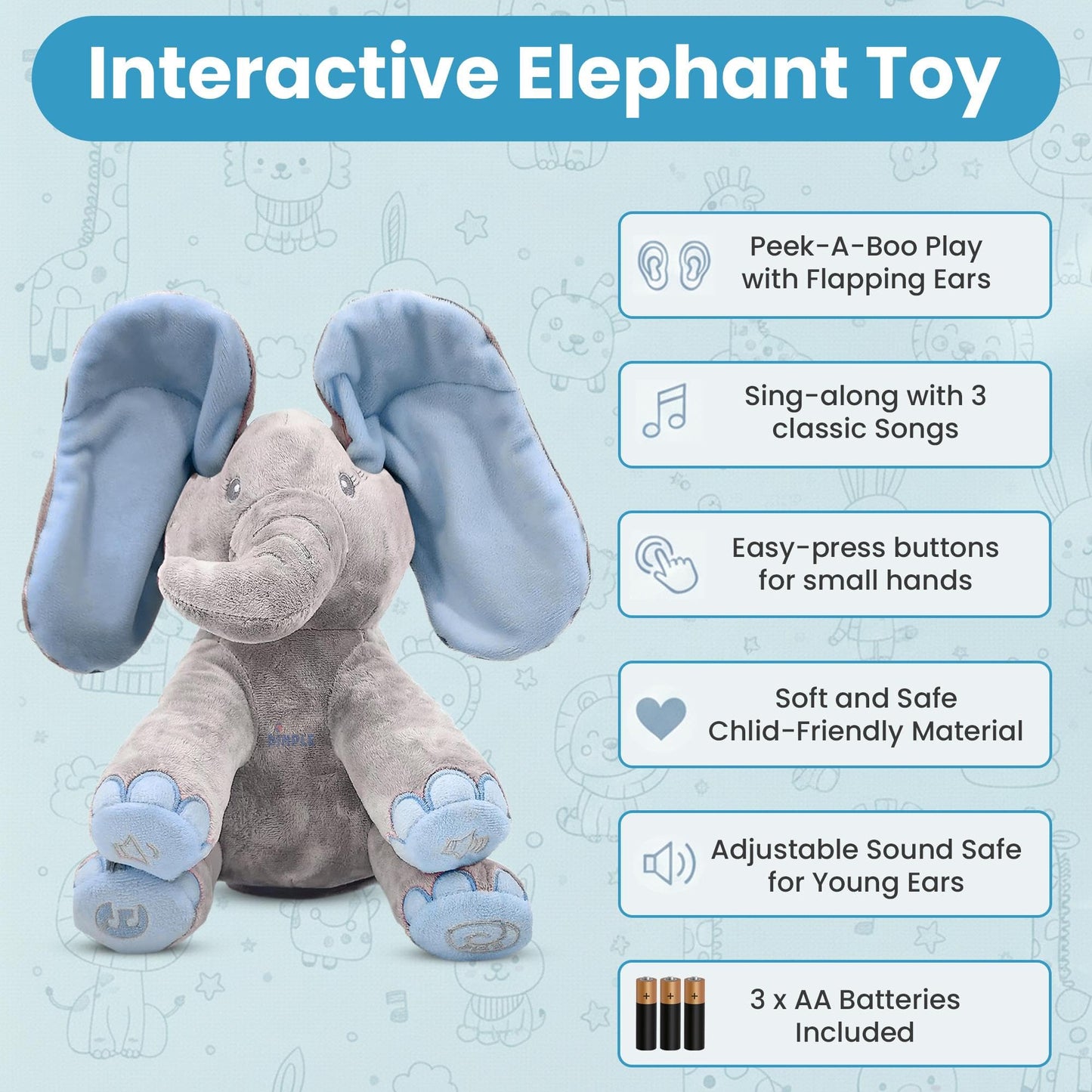 Dimple Kyle Elephant Stuffed Animal Toy - Animated Plush Blue Singing Elephant, Interactive Musical Peek-a-Boo for Babies, Kids, for Toddlers, Ages 0 and Up(Battery Included)