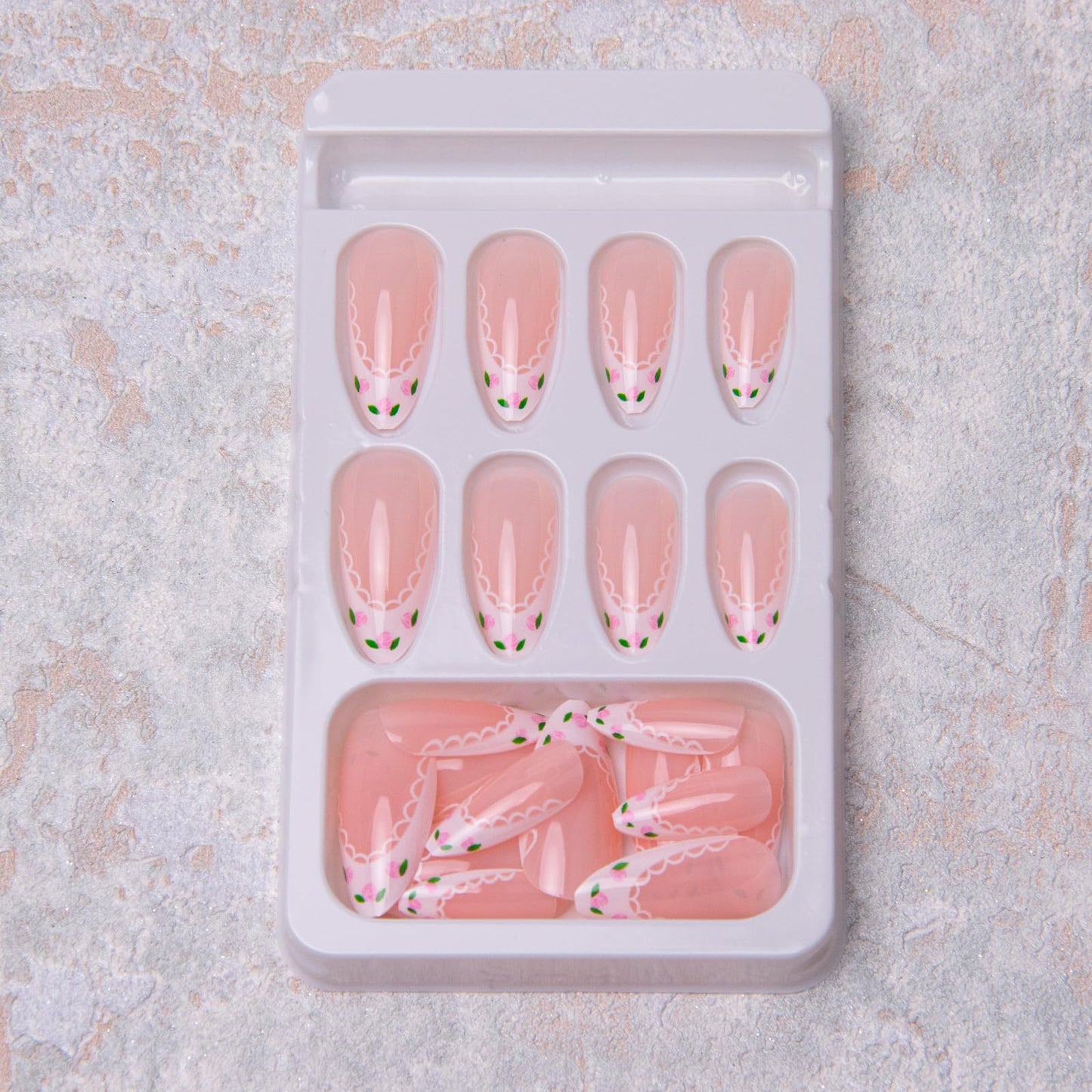 French Tip Press on Nails Medium Almond Fake Nails Flowers Acrylic Nails Lace False Nails Glossy Artificial Nails with Designs Glue on Nails for Women Girls Manicure Nails Decoration 24Pcs