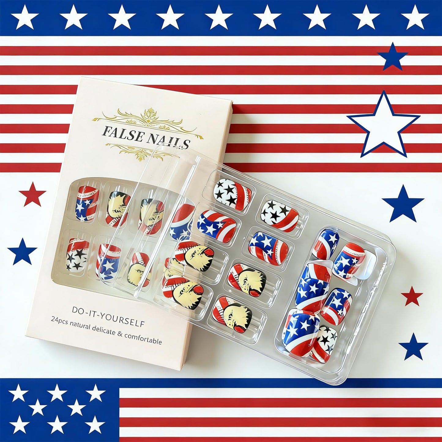 Independence Day Press on Nails Medium Square Fake Nails 4th of July False Nails with National Flag Eagle Star Design Patriotic Artificial Nail Full Cover Stick on Nails for Women Manicure 24Pcs