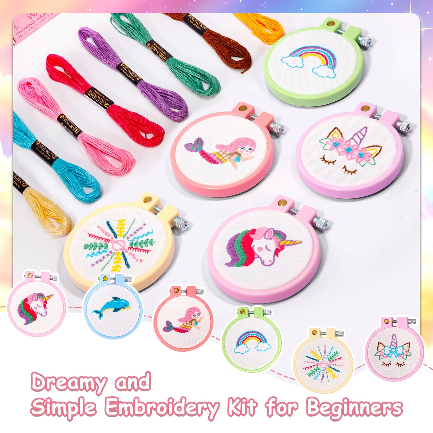 Pllieay 6PCS Embroidery Kit for Kids, Needlepoint Kits for Beginners with Pre-Printed Pattern, 6Pcs Hoop, Threads, Keychains and Instructions, Kids Cross Stitch Kits Supplies for Crafting