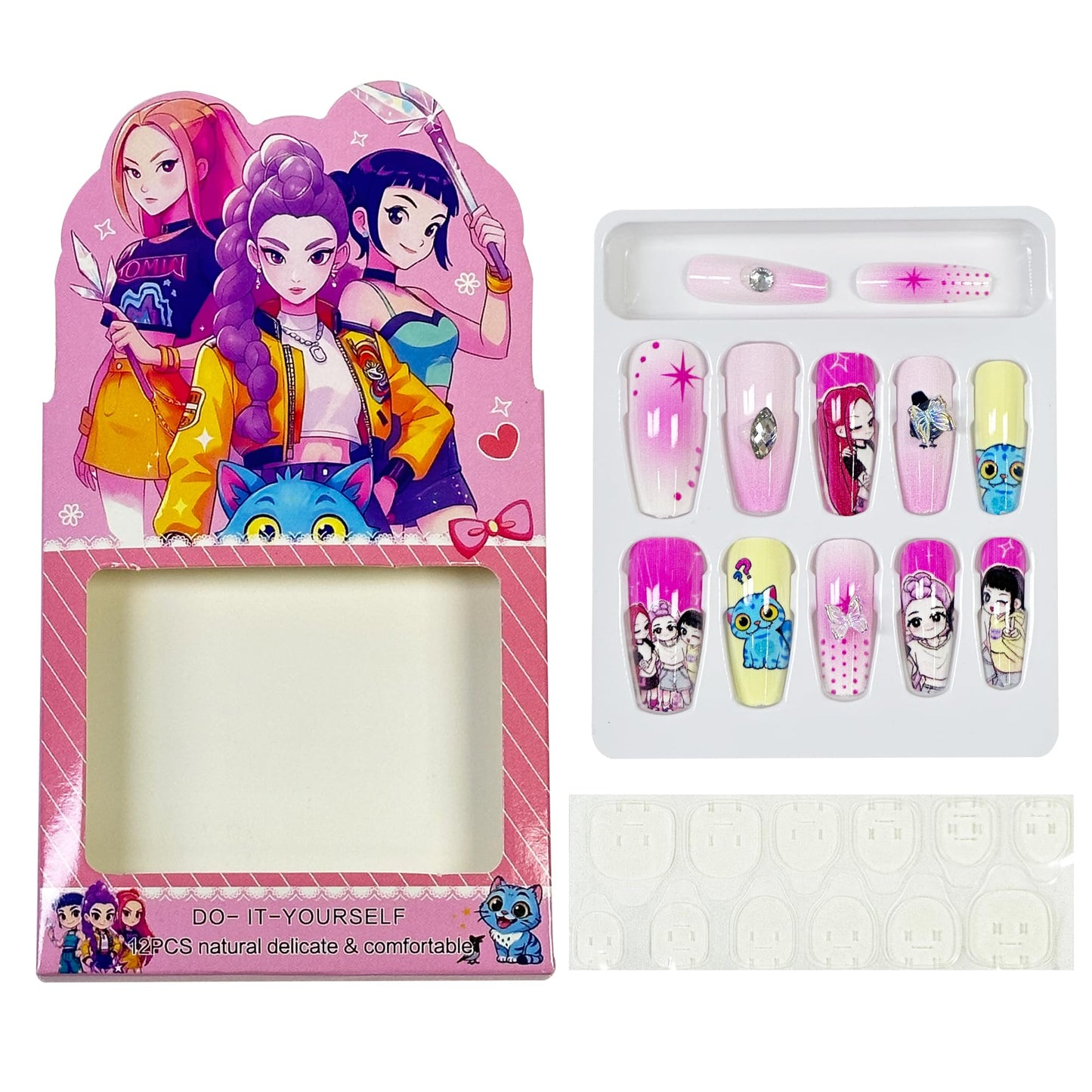 Demon Movie Hunters Nail Stickers 144Pcs - Korean Kpo-p Anime Idol Huntrix Band 3D Self Adhesive Cartoon Temporary Nail Decals - Easy Stick Removeable for DIY Women Girls Kawaii Nail Decoration Art