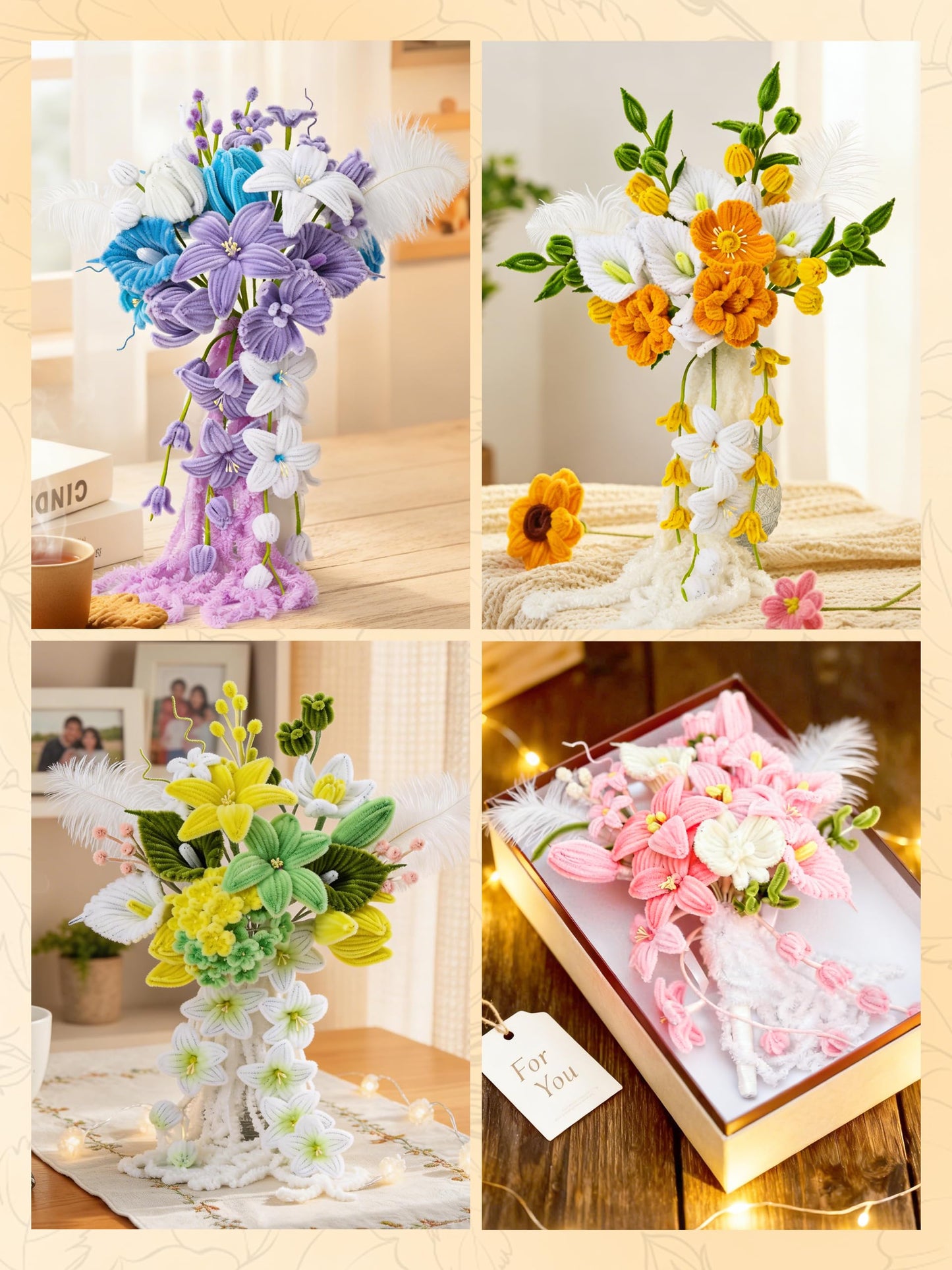 LENYNAL 500 Pcs Pink Pipe Cleaner Flower Kit, Pastel Pipe Cleaners Craft Bulk, Glue-Free & Safe for Kids, Step-by-Step Tutorial, 5 Colors Chenille Stems for Flower Making