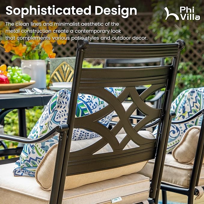 PHI VILLA 5 Pieces Outdoor Dining Set for 4, 42" Round Black Metal Table with Umbrella Hole & Wrought Iron Chairs, Rustproof Large Outside Furniture with Cushions & Pillows for Patio, Deck, Porch