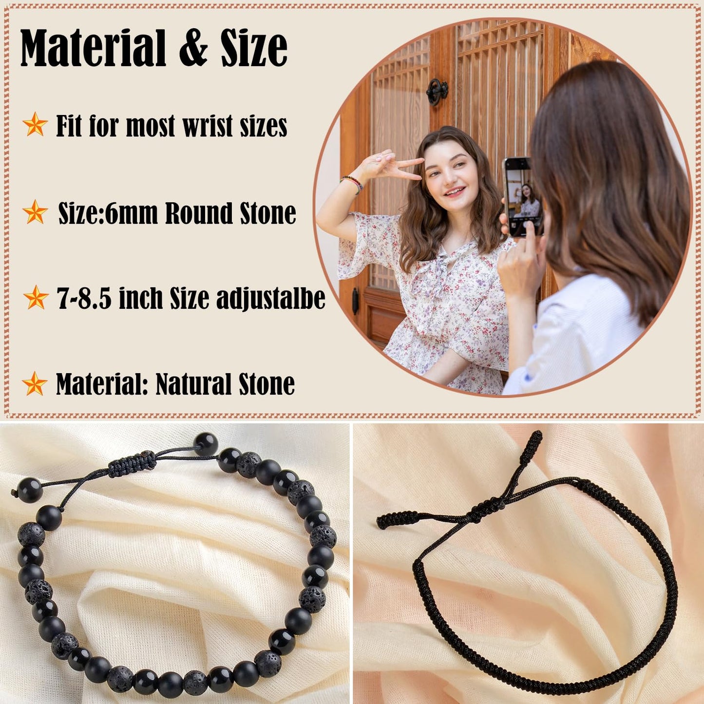 LPBeads 6mm Onyx Lava Obsidian Mixed stone Bracelet with Handmade Rope Bracelet Size Adjustable Natural Stone Crystal Healing Bracelets Gifts for Unisex Adults