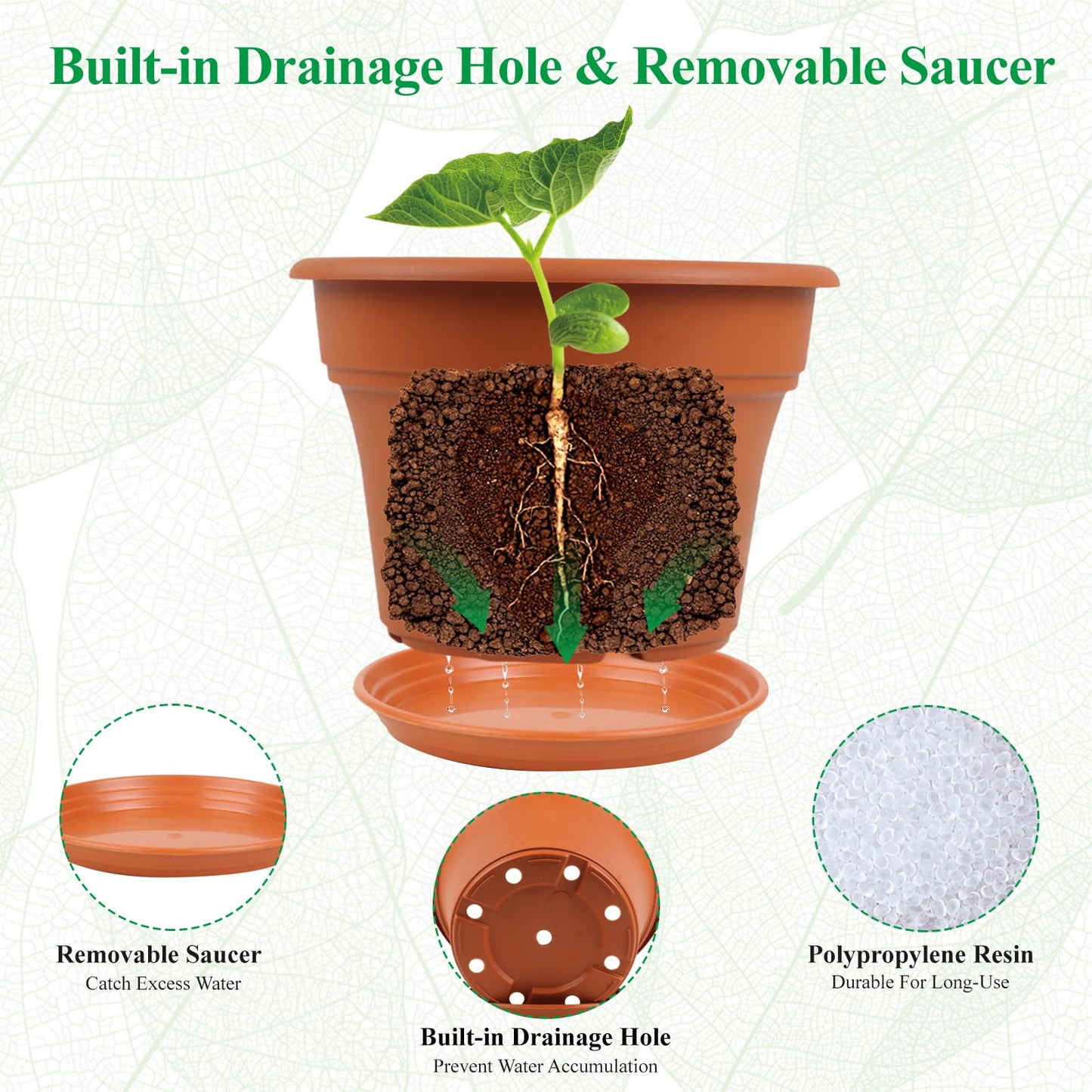Pottiffe 13 Inch Plastic-Flower-Pot-for-Indoor-Plants, 4 Pack Large Outdoor Planter Pot with Drainage Holes & Saucers, Resin Decorative Garden Pots Planters