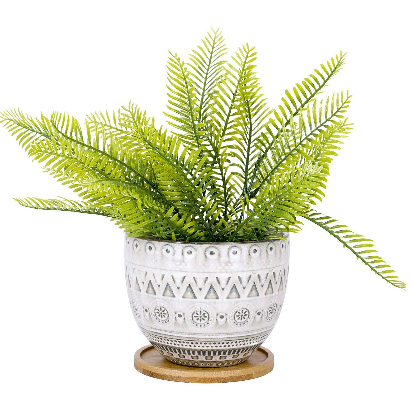 VanEnjoy 5.6 inch Large Round Bohemian Style Ceramic Planter, Geometry Engrave Off White Brown Succulent Planter Flower Pot, Indoor Outdoor Decorative Planter