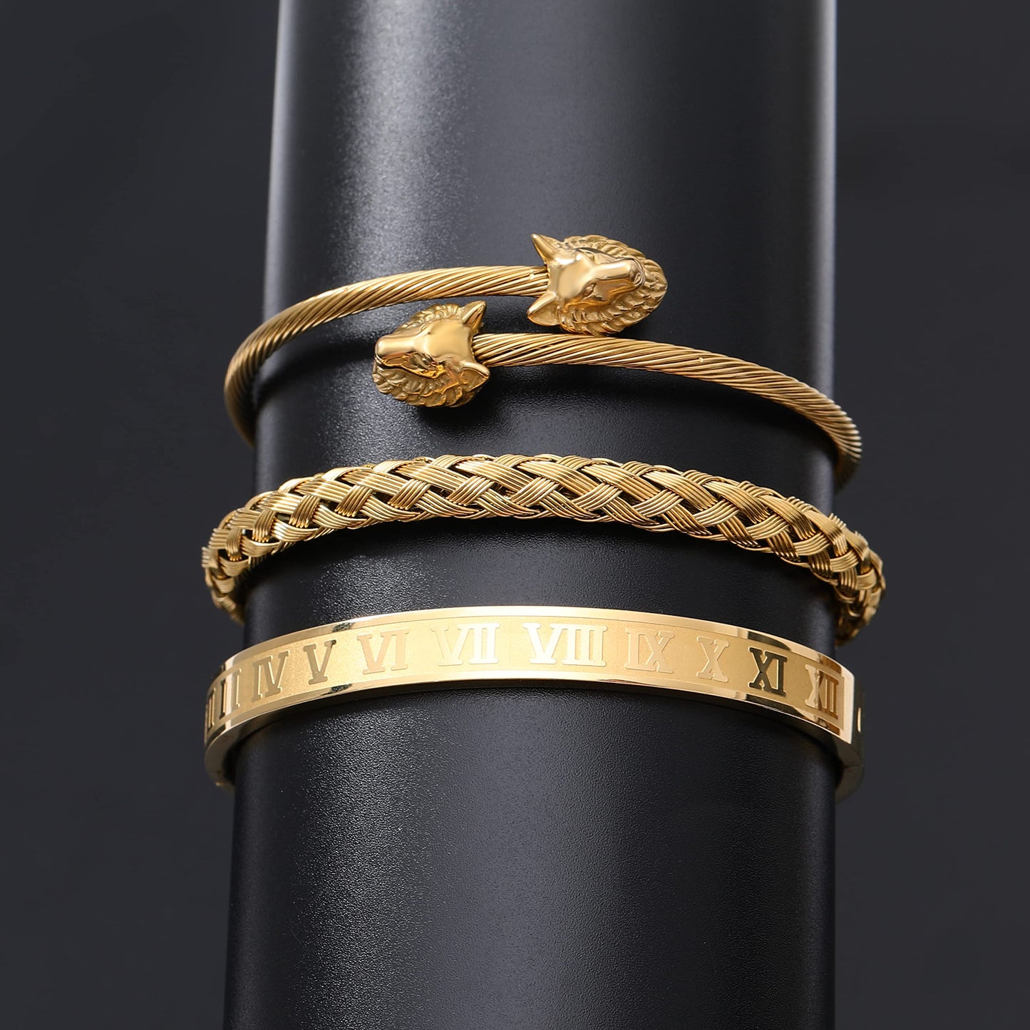 WFYOU 3PCS Stainless Steel Bracelets for Men Gold Roman Numeral Bangle Bracelet Twisted Cable Bracelet Adjustable Cuff Bracelet Mens Luxury Jewelry Bracelets Gifts(M:Gold)