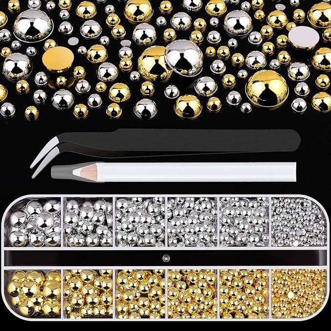 Belleboost Flat Back Pearls Kits, Flatback Half Round Silver Gold Pearls for Bedazzling with Pickup Pencil and Tweezers for Crafting Home DIY and Professional Nail Art, Face Makeup and Craft