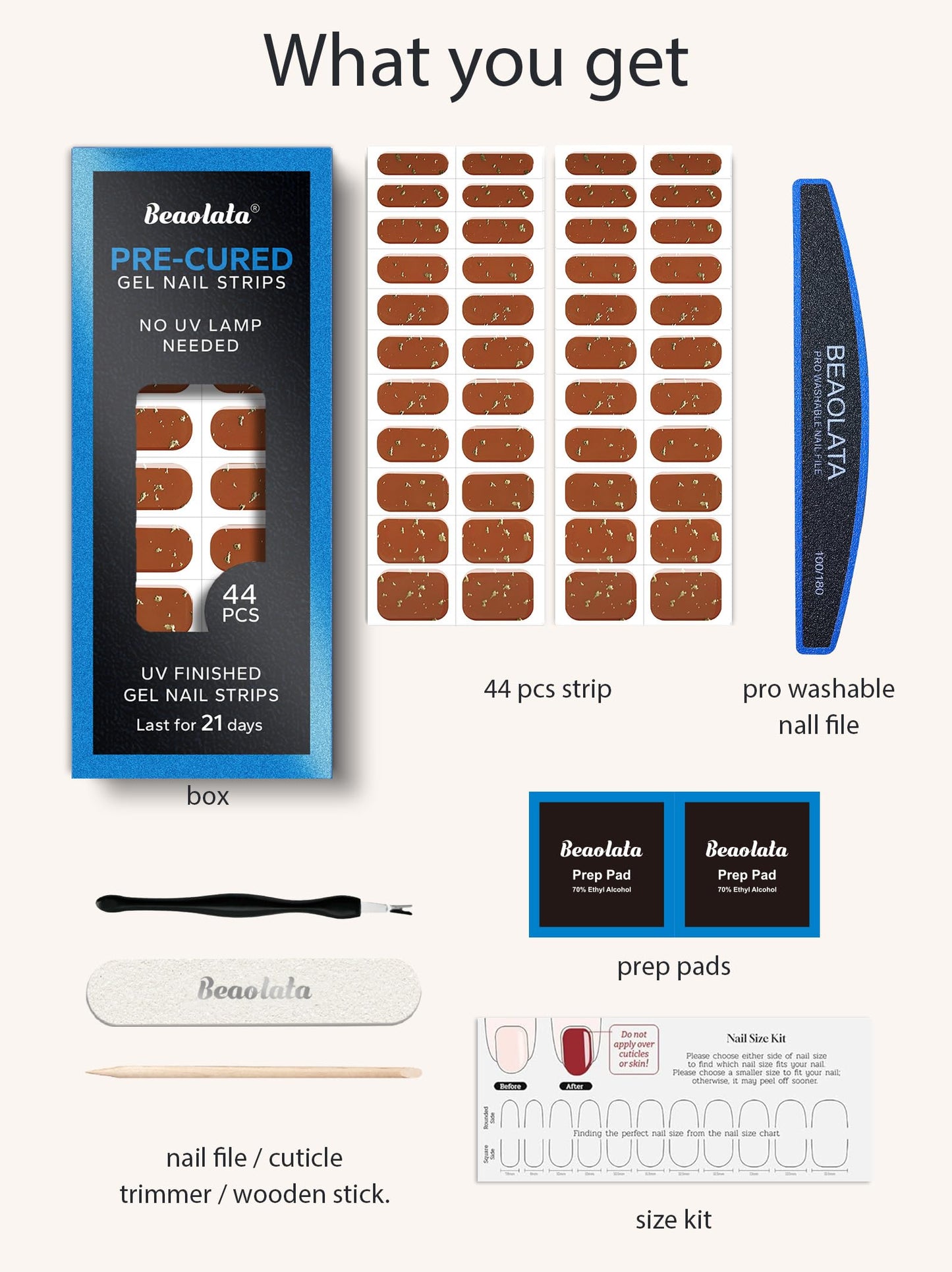 Beaolata Real Gel Nail Strips (No UV Light Needed) - 44Pcs Salon Quality Nail Stickers - Long Lasting Polish Wraps for Women, Easy Apply & Remove (Brown Metallic Flakes)