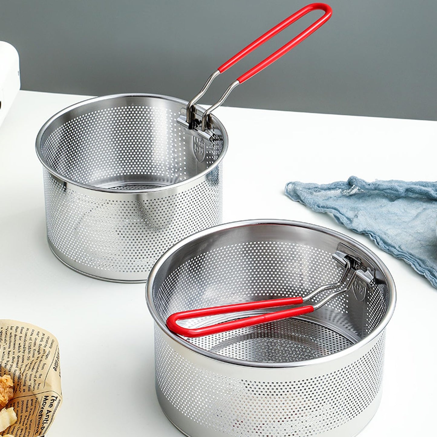 Pasta Strainer Set of 2, Stainless Steel Noodle strainer with Removable Handle Metal Pasta Strainer Basket Deep Fryer Basket, Kitchen Colander for Washing Draining Deep-frying Boiling Steaming
