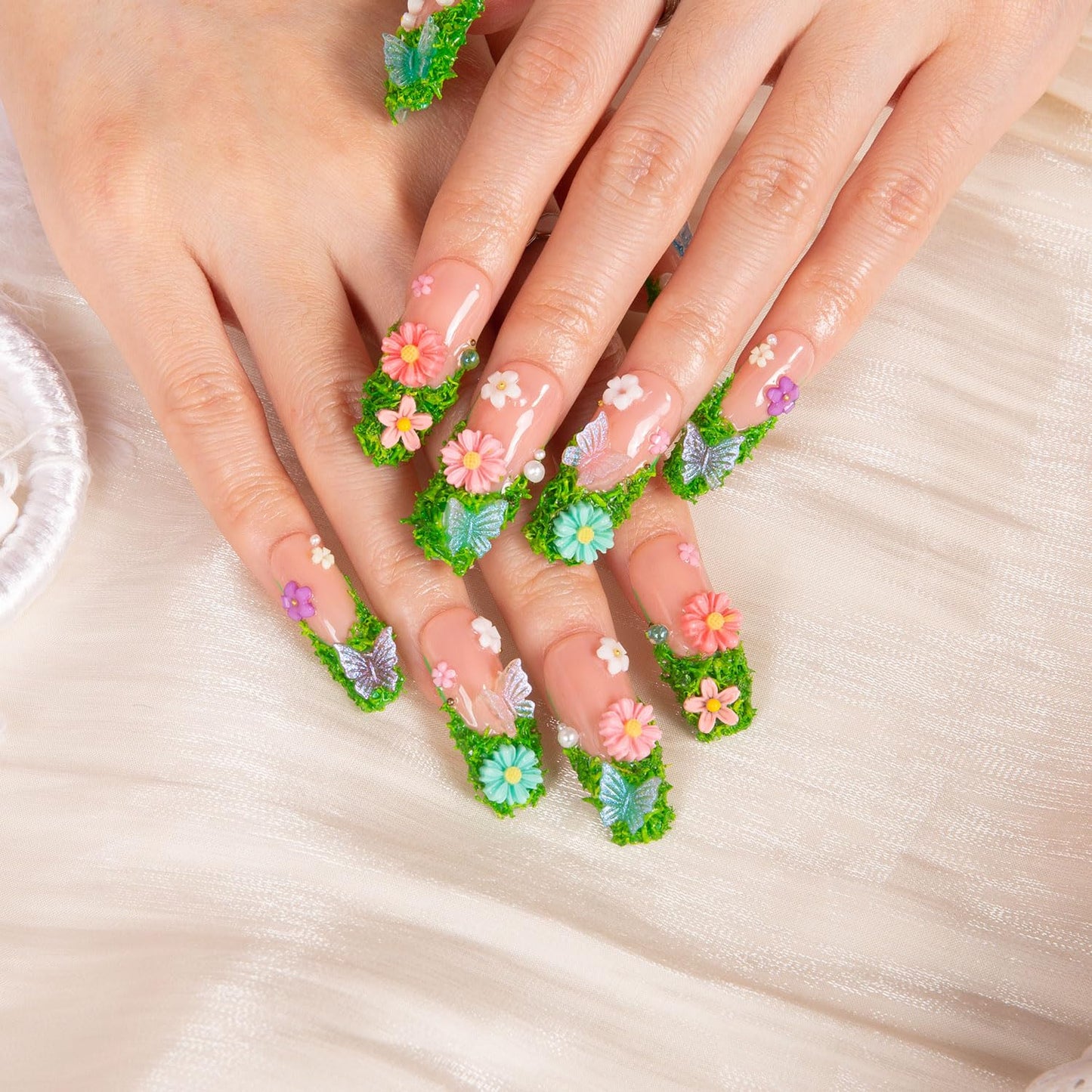 LOVFUL Press on Nails Fairy Tale Garden | Handmade with Full Covered Crystals | Reusable Full Cover Nails | Coffin Classic Regular 1.3 in | H151-L