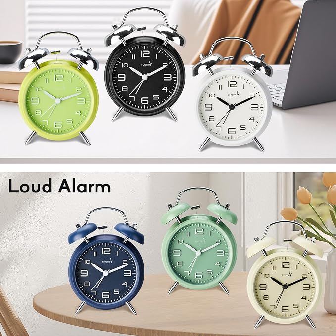 FLOITTUY (Loud Alarm for Deep Sleepers 4'' Twin Bell Alarm Clock, Stereo Digital Dial Alarm Clock with Backlight for Bedroom and Home Decoration(Aurora White)
