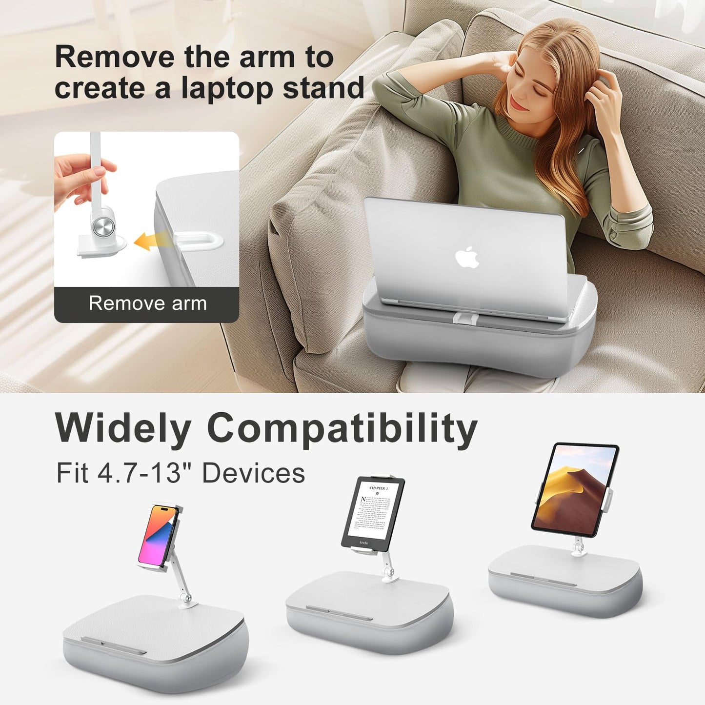 ERGONOV Lap Beanbag Cozy Pillow Stand for Bed with Adjustable Arm, 360° Tablet Holder, Fits 4.7"-13" Kindle, iPad, Phone, Laptop, Lap Desk for Hands Free Reading in Bed, Couch, Sofa(Light Gary)