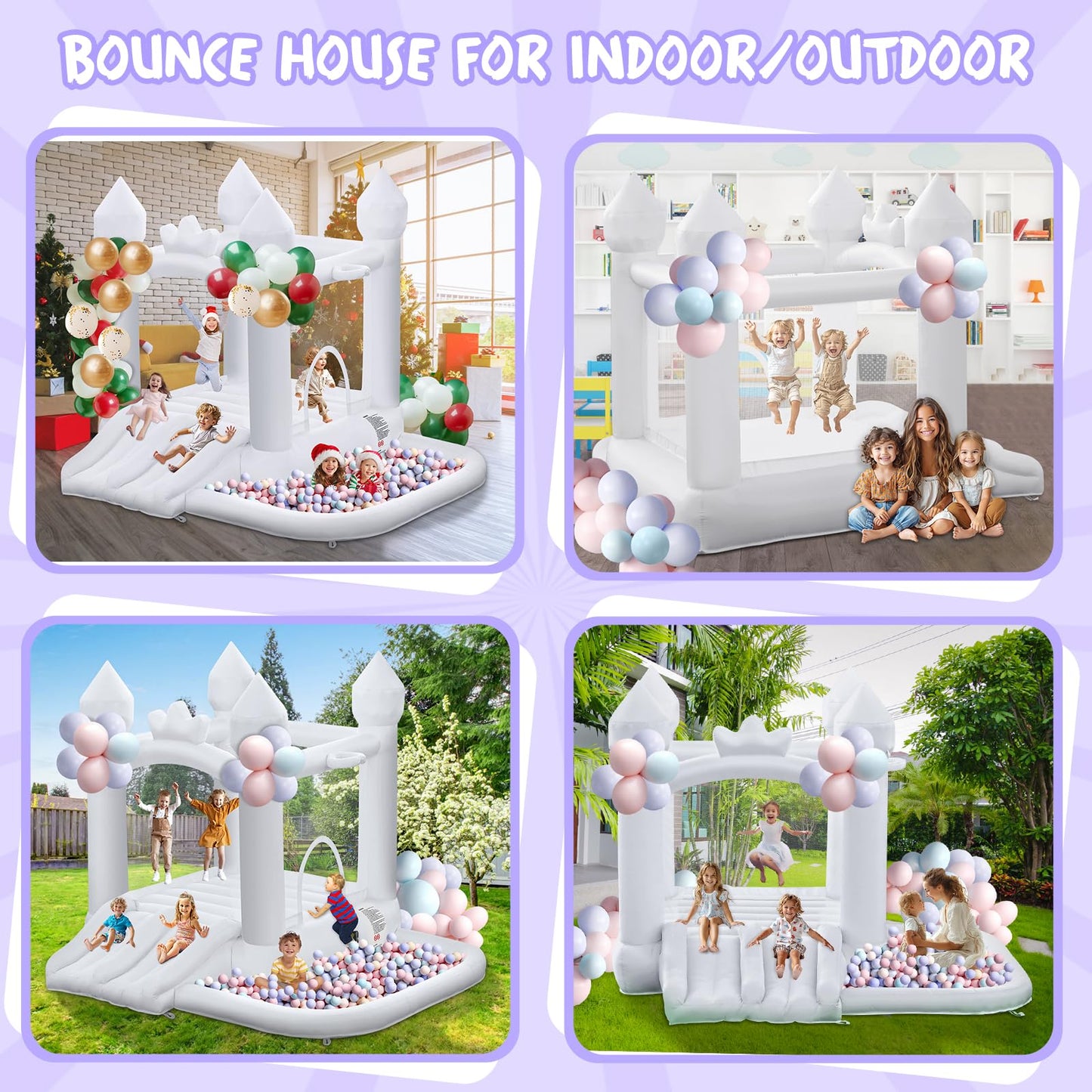 FINCOME White Bounce House, Inflatable Bounce Castle with Double Slide Ball Pit 370W Blower Bouncer for Toddler, Bounce House Bouncy Castle for Indoor Outdoor Backyard Wedding Kids Birthday Party