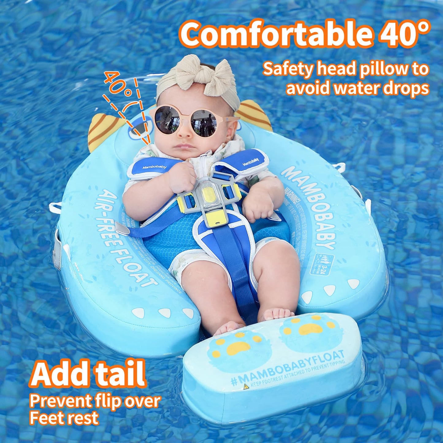 Mambobaby Float Add Tail No Flip Over Non-Inflatable Baby Swim Float Pearl Foam Solid Water Floats Smart Swim Trainer Infant Pool Float Swim Ring with Sun Canopy