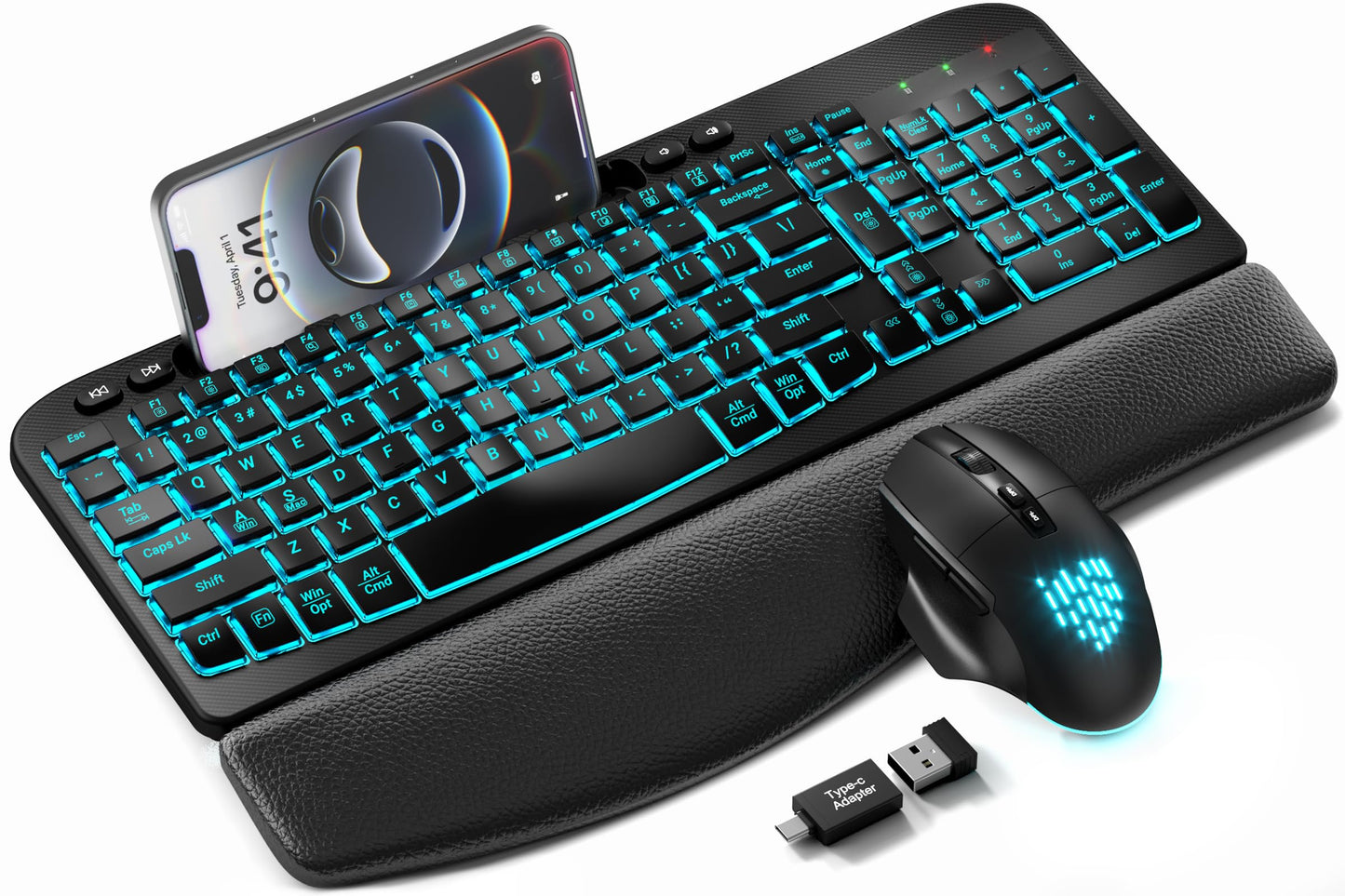 SABLUTE MA22 Pro Wireless Keyboard and Mouse Combo - Ergonomic Wave Keyboard with Soft Leather Wrist Rest, Phone Holder, Rechargeable, RGB Backlit Mouse, Full-Size Set for Windows/Mac/Computer