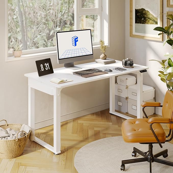 FLEXISPOT 4 Legs Standing Desk 55 x 28 Inch Electric Adjustable Height with Splice Board Home Office Sit Stand Up Desk, White Top + White Frame