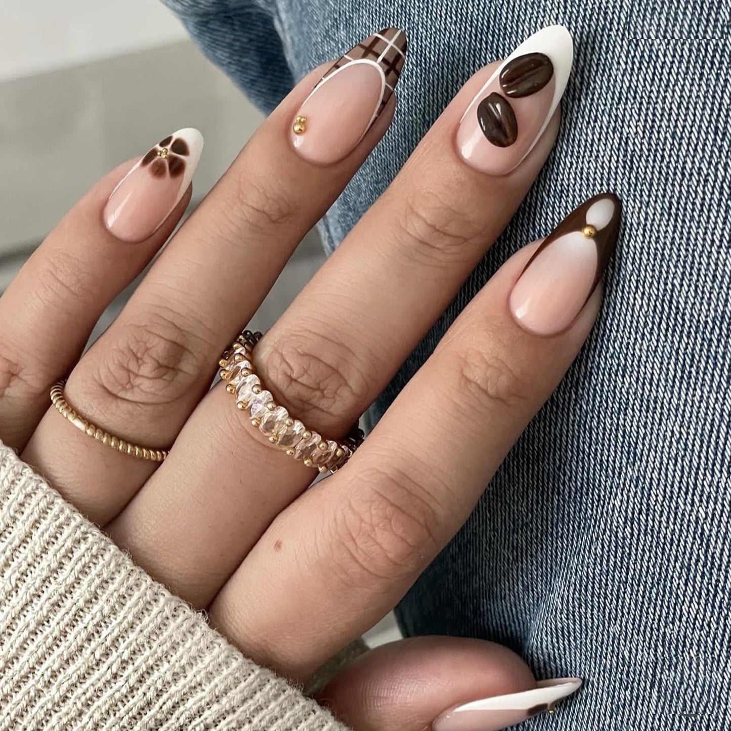 IMSOHOT Fall Press on Nails Almond Medium Fake Nails with 3D Coffee Bean Designs Glossy Brown French Tip False Nails Full Cover Acrylic Nail Kit for Women Manicure