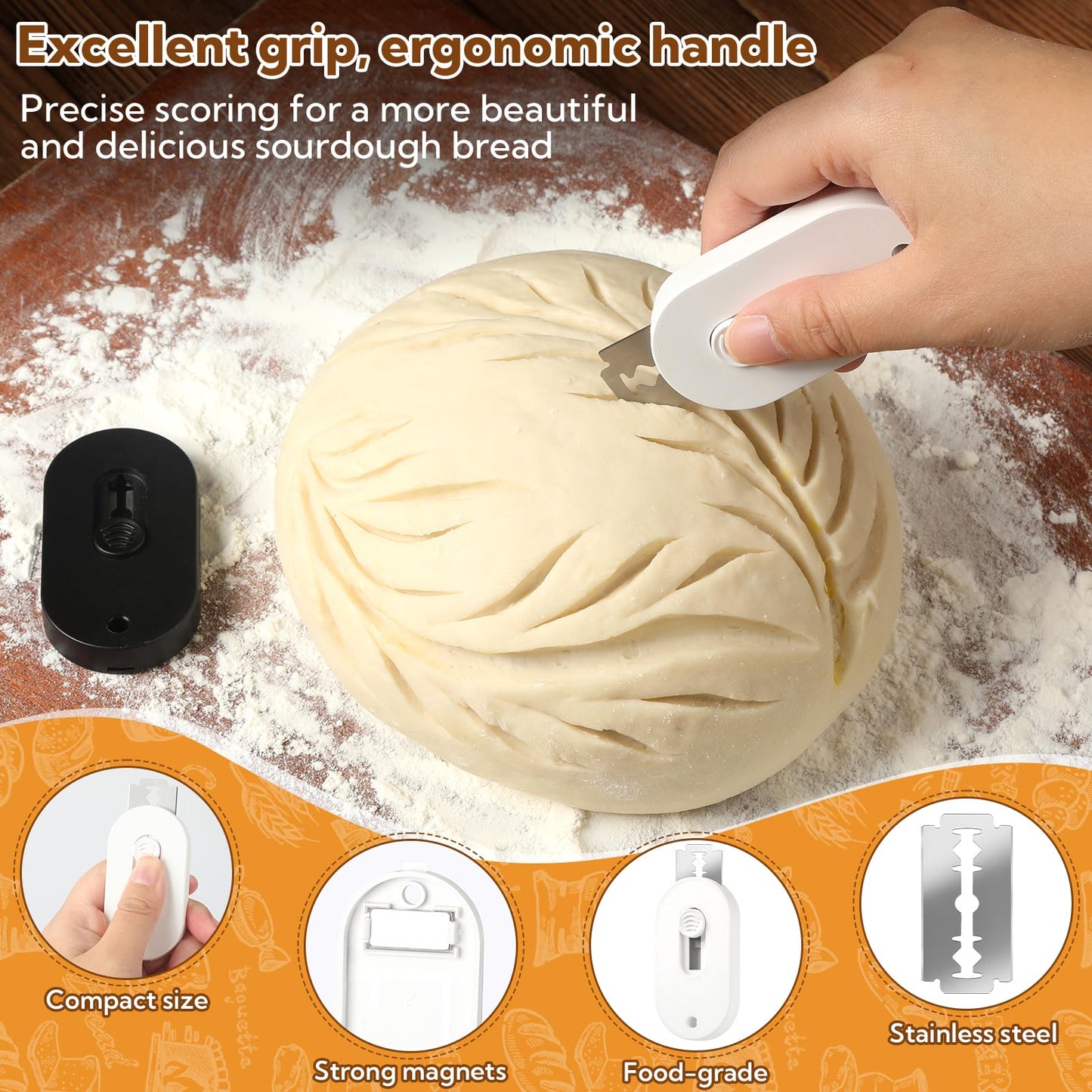 VZZNN 8 Pack Professional Bread Lame,Extractable & Magnetic Bread Lame Dough Scoring Tool for Sourdough Bread baking & Bread Making Tools Scoring Patterns booklet & 20 Razor Blades(Black+White)