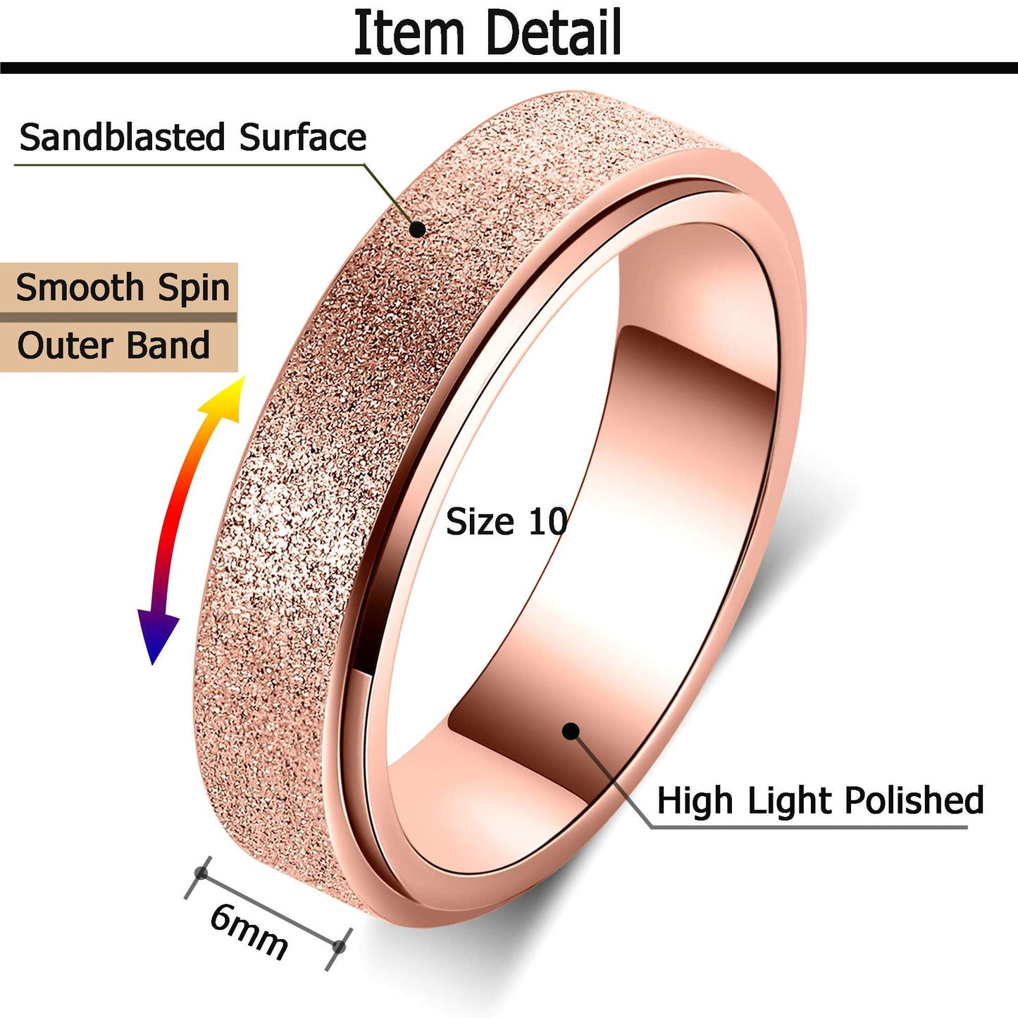 OreilleStar Anxiety Ring for Women Fidget Spinner Ring Fidget Toys Adults Titanium Stainless Steel Thumb Ring 6mm Wide Rose Gold Size 8