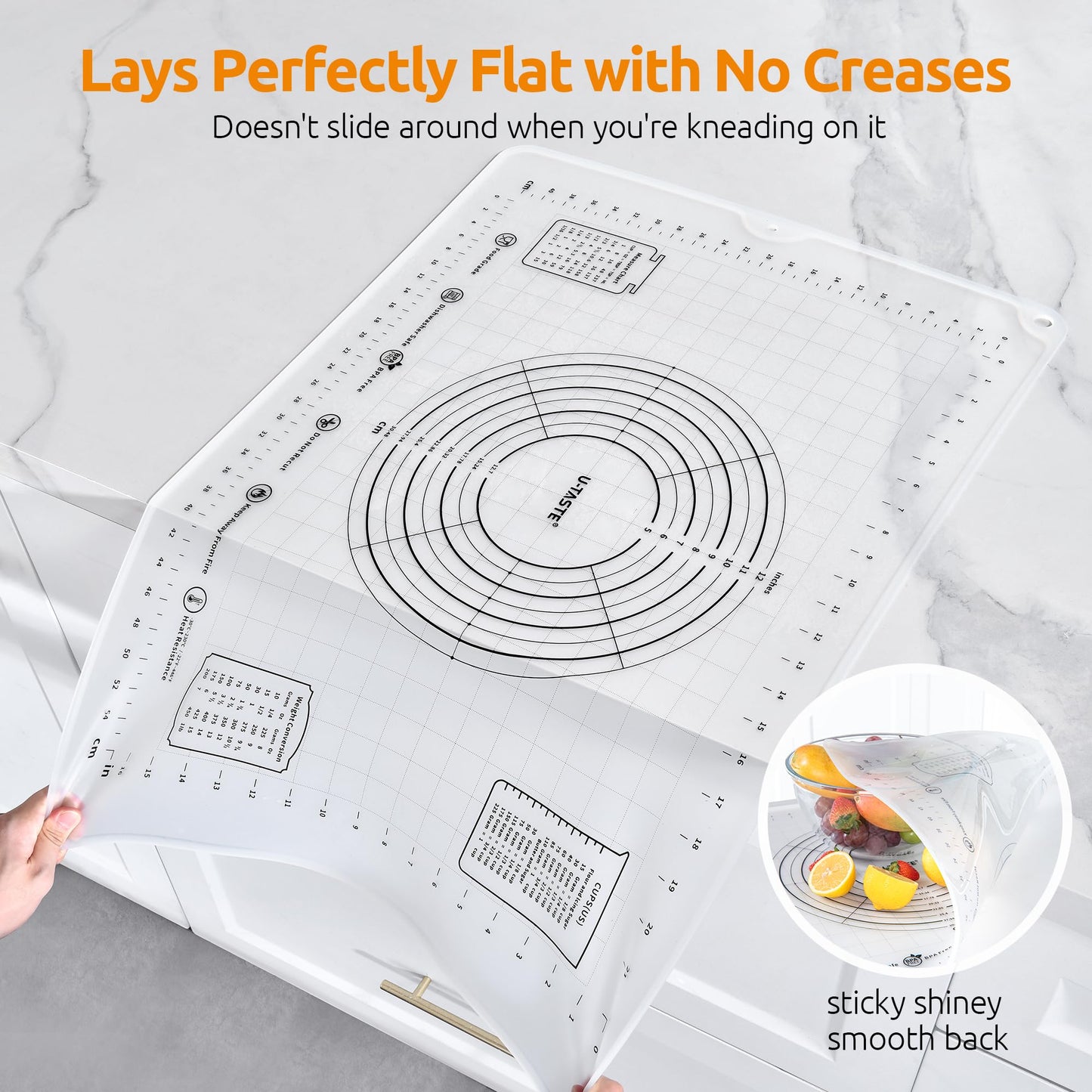 U-Taste 28"x20" Large Pastry Mat: Food-Grade Liquid Silicone Dough Rolling Baking Sheet, Non-Stick Non-Slip for Kneading, Making Pizza, Fondant with Clear Measurement and Raised Edges (Transparent)