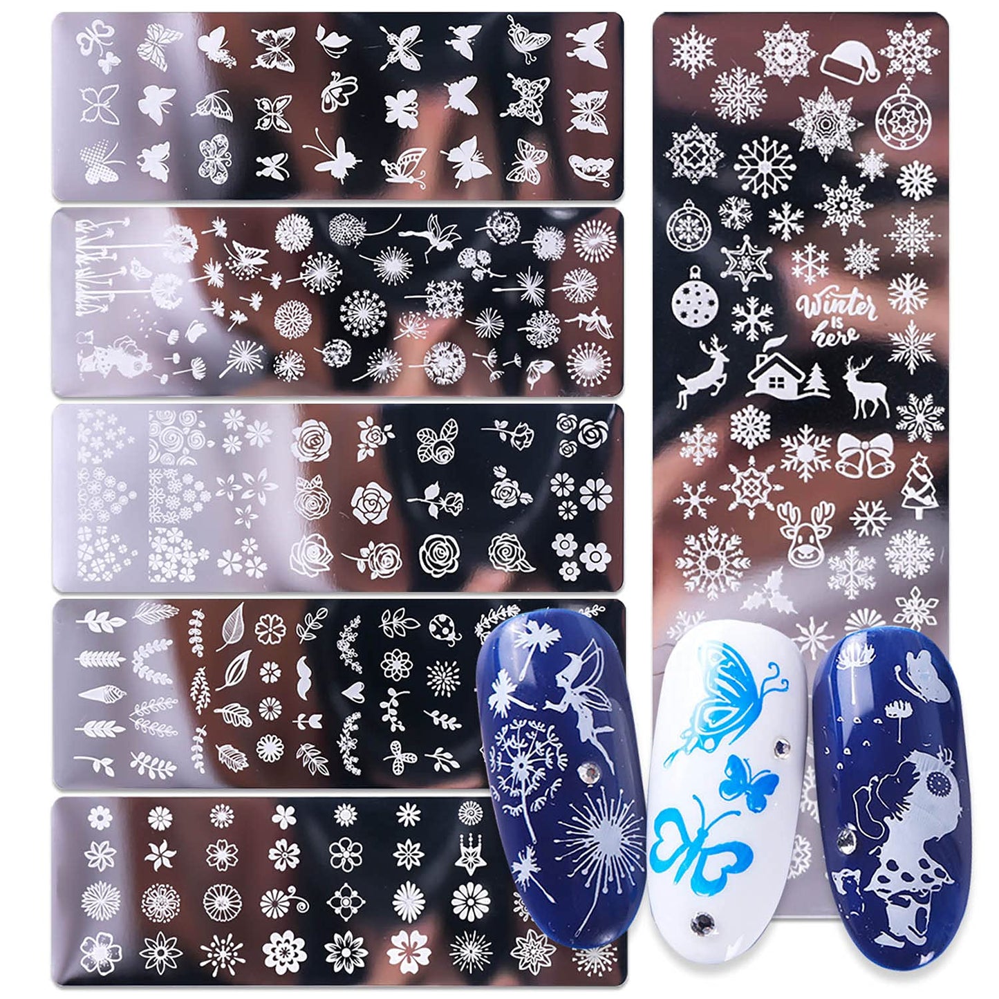 Nail Stamping Plate, DANNEASY 6 Pieces Nail Art Image Stamp Nail Template Kit With Nail Stamper, Scraper, Storage Bag (Nature Style)