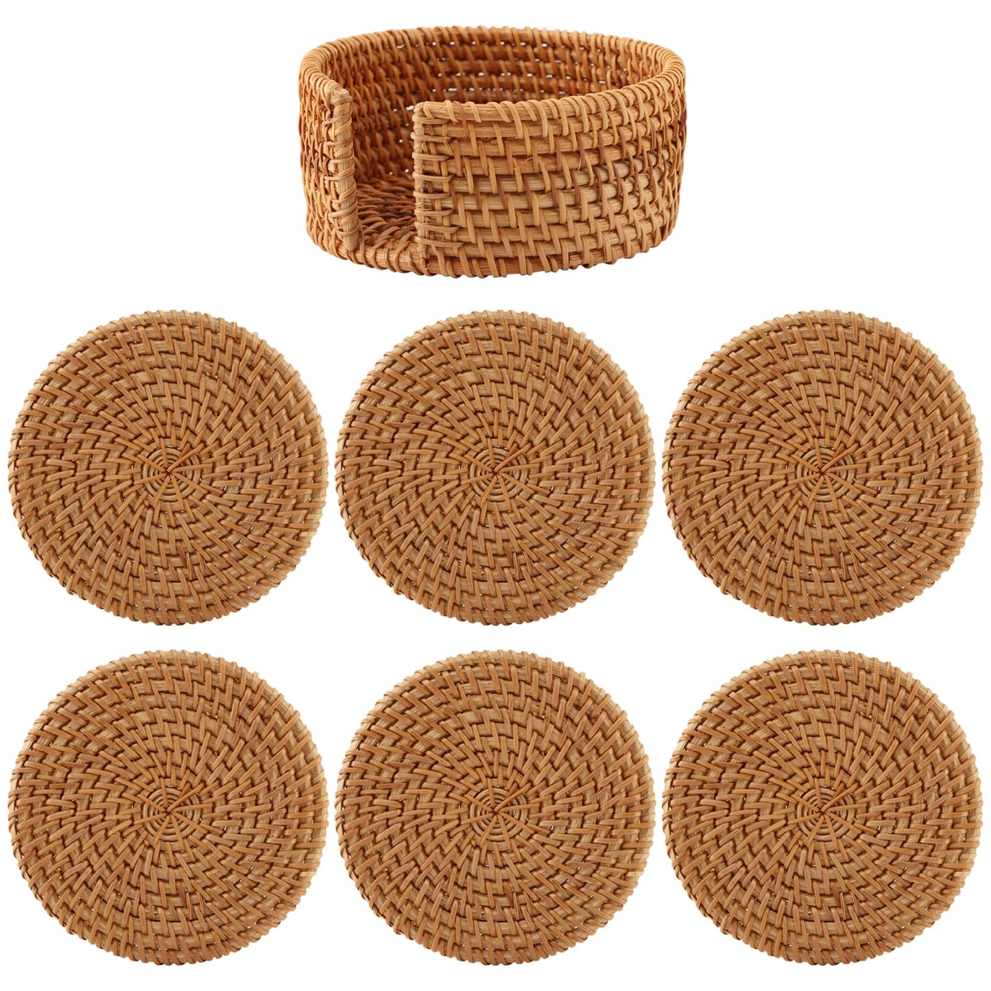6pcs Handmade Rattan Coaster Set with Holder - Wicker Coasters, Heat-Resistant Drink Coasters for Coffee Table, Housewarming Gifts, Home Decor