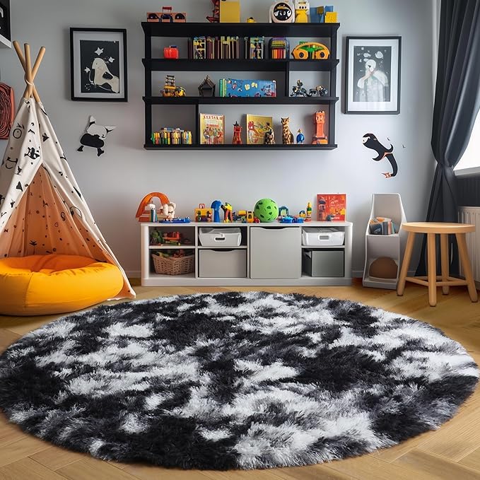 Amdrebio Black White Grey Round Rug 4Ft Circle Area Rugs for Bedroom Living Room, Fluffy Fuzzy Shaggy Furry Rugs for Kids Room Dorm Home Office, Shag Plush Floor Modern Cool Carpet for Men Teen Boys