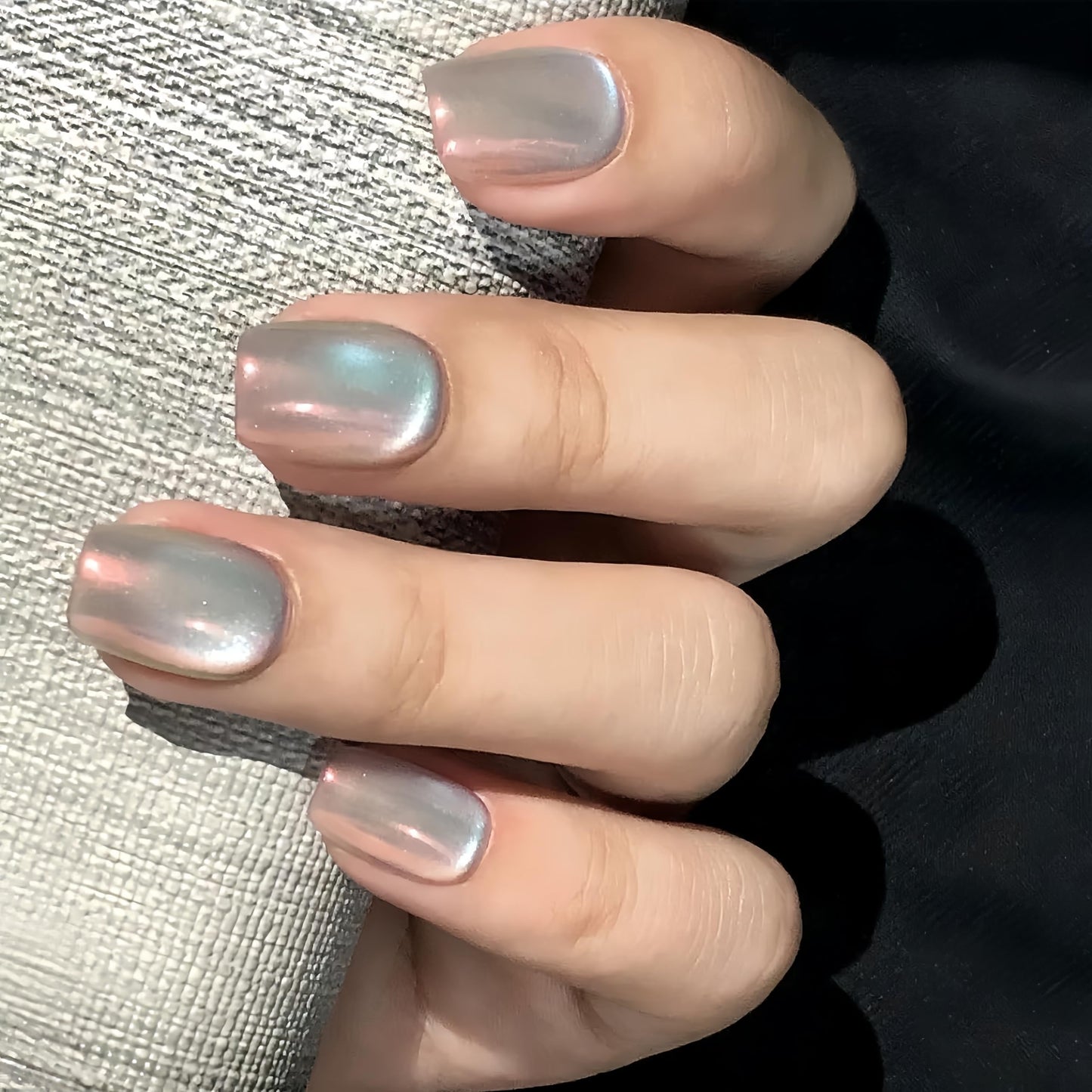 Cat Eye Press on Nails Handmade Short Oval/Square/Round False Nails with French Tip/Aurora/Magnetic Shimmer Designs (Aurora#Square Sunset River, Large)