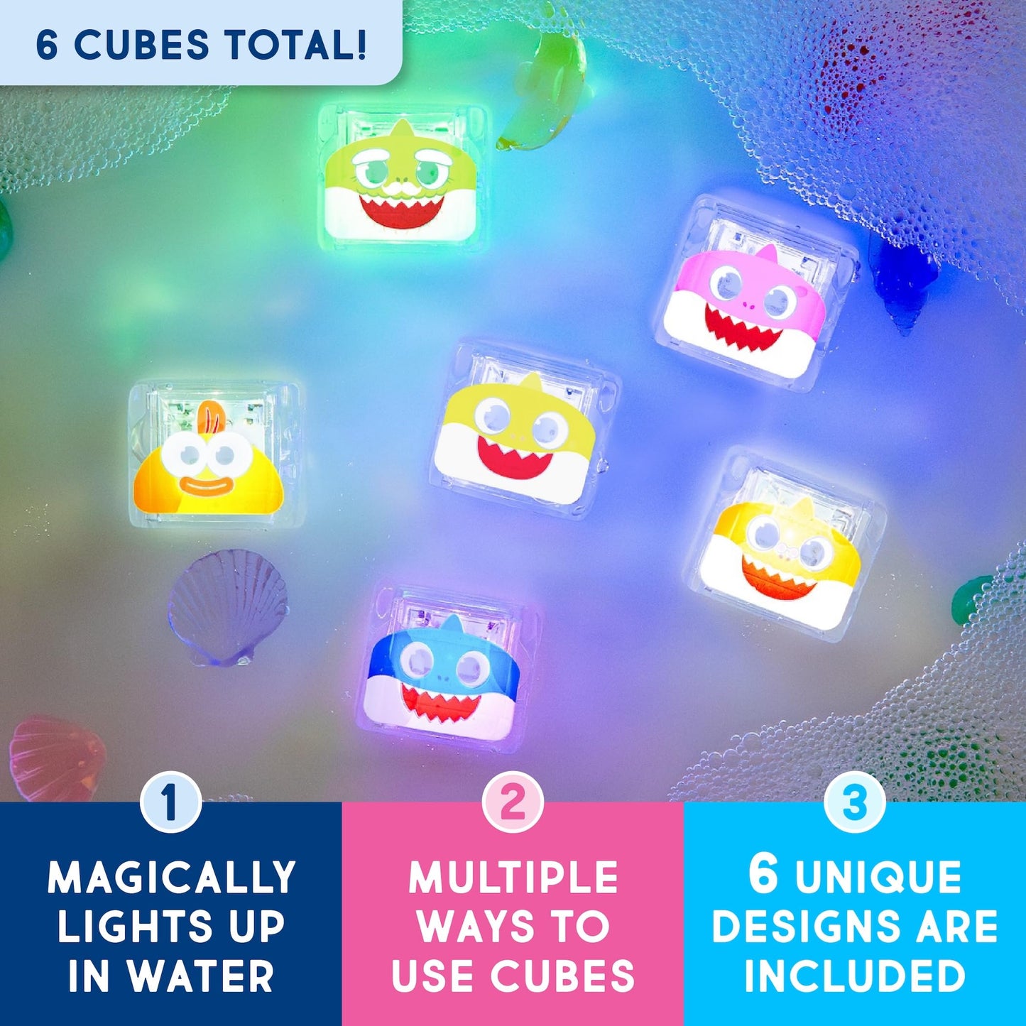 Glo Pals x Baby Shark Water-Activated Light-Up Cubes for Bathtime and Sensory Play - Includes 6 Reusable Light-Up Cubes - Sensory Bath Toys and Glowing Bath Cubes for Kids and Toddlers