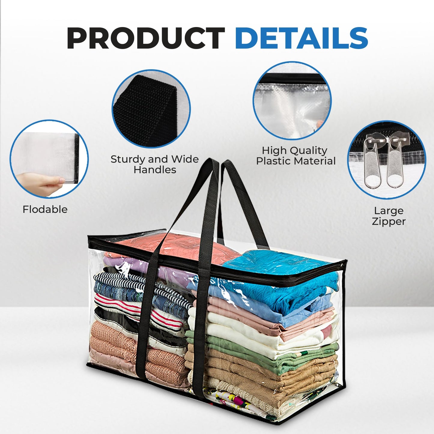 VitalUp 2 Pack Clear Large Moving Bags, Heavy Duty Storage Bags, College Totes, Storage Bins, for Organizing Blankets, Clothing for College, Dorm, Packing, Durable with Zipper and Handle 25x14x12