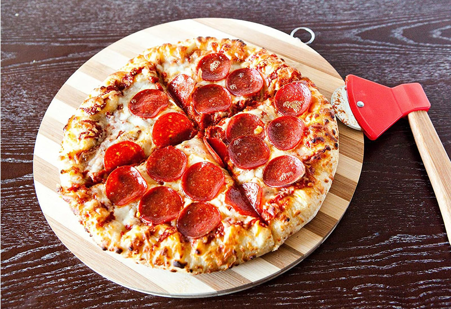 DURABOARD Funny & Cool Axe Pizza Cutter - Unique Men Dad Tool With Steel Сircular Saw, Plastic Cover for Wheel Blade Knife & Bamboo Handle - Cute Kitchen Gadgets Nonstick Stuff Slicer Accessories