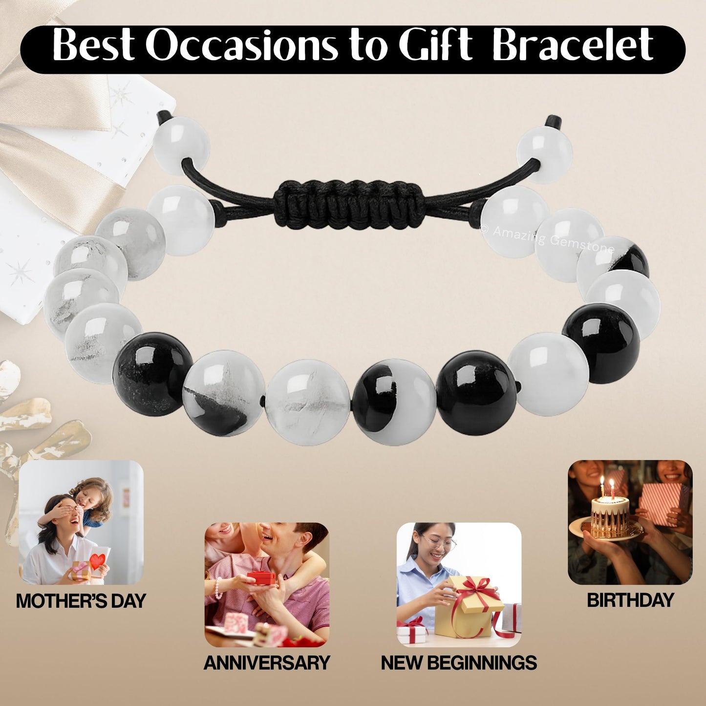 Amazing Gemstone Black Rutilated Quartz Bracelet for Women Men's Gifts - Protection Healing Crystal Bracelet - 8mm Gemstone Beaded Adjustable Bracelet Pulseras Para Hombres Mujer Stocking Stuffers