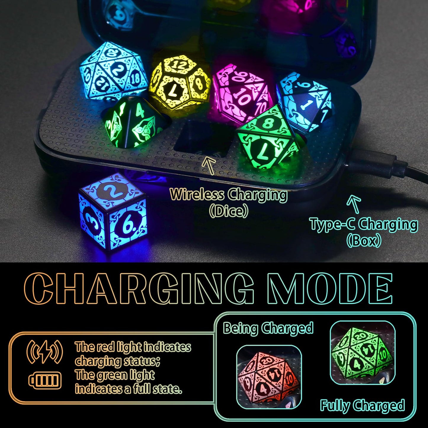 LED Dice with Charging Box，7 PCS RGB Light up Dice for Dungeons and Dragons, Polyhedral DND Dice Set for Tabletop Games Gifts（KS-RGB）