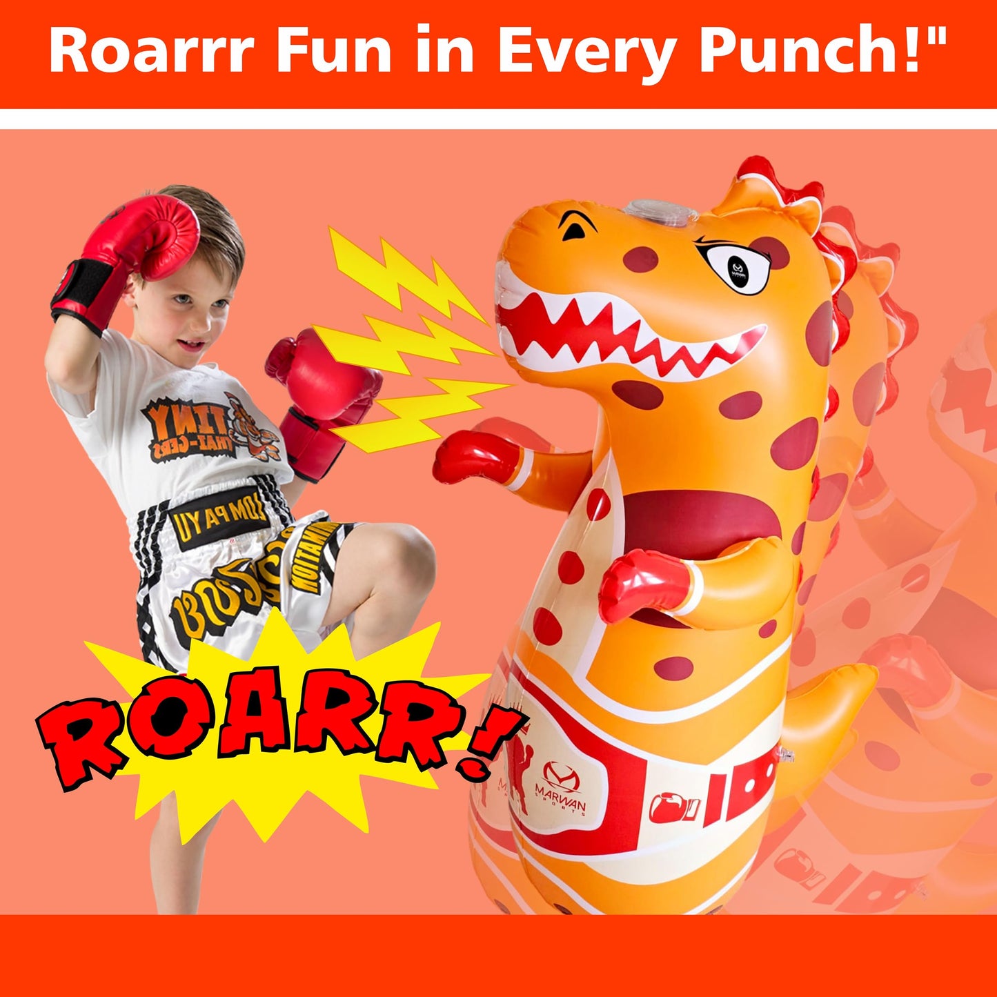 Light-Up Inflatable Dinosaur Punching Bag with Roaring Sound – 47” Bop Bag with Fast Bounce-Back for Active Kids Ages 2-7 – Fun Boxing Toy for Toddlers (3 AAA Batteries Required, Orange)