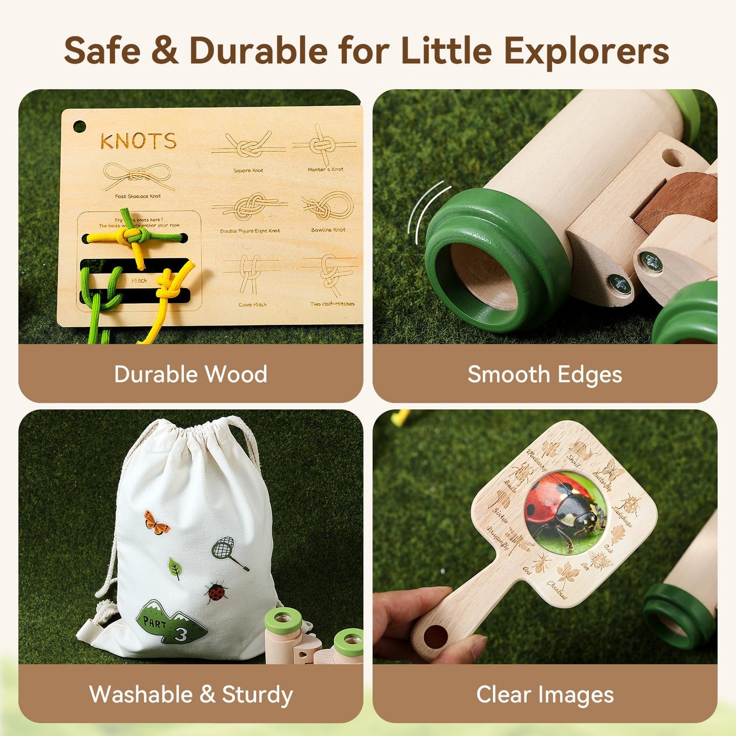 Kids Outdoor Explorer Kit Ages 4–8, Wooden Binoculars, Compass and Knot-Tying Board, Nature STEM Learning & Camping Toy Birthday Gift for Boys and Girls