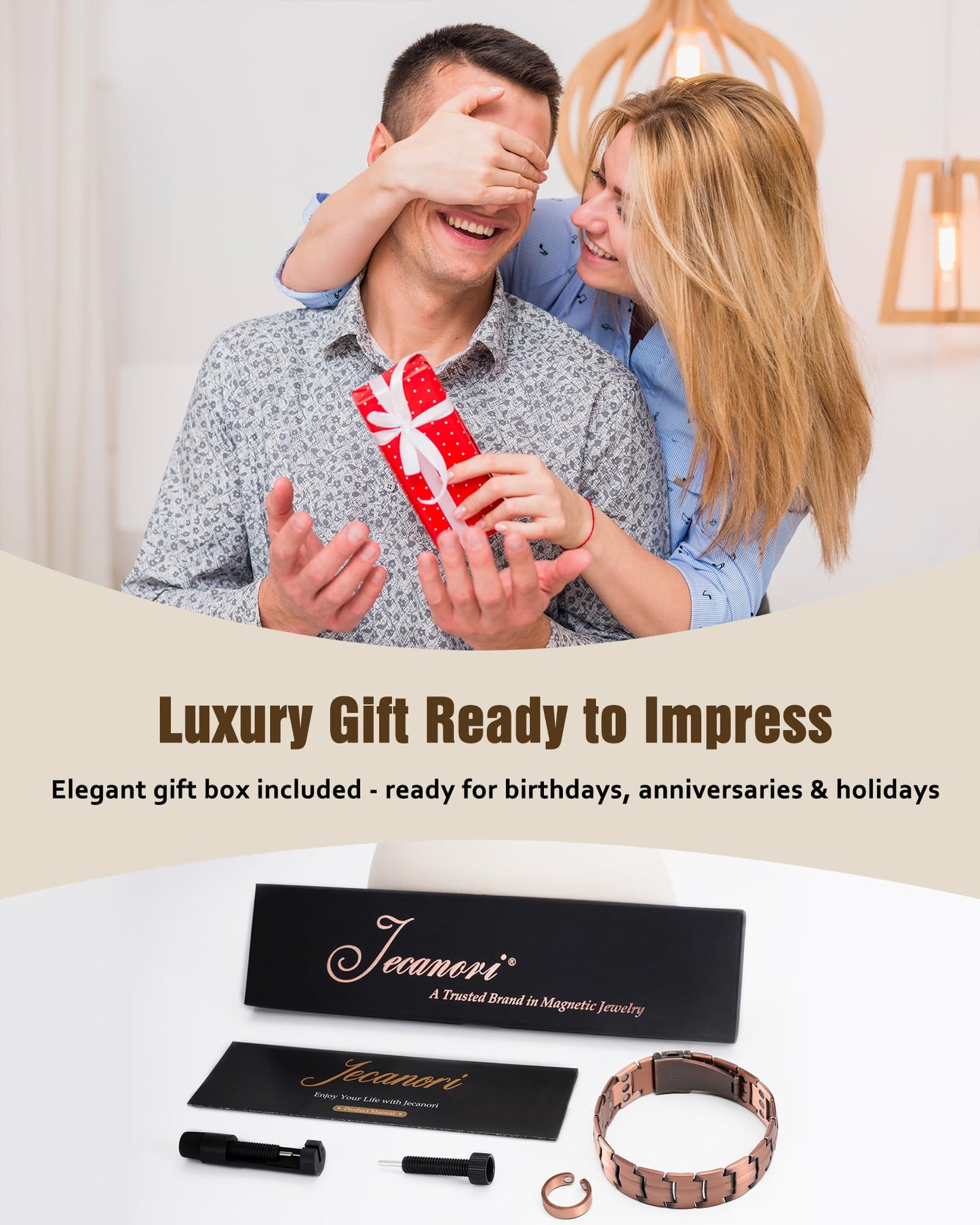 Jecanori 3X Copper Magnetic Bracelet & Ring for Men,Pure Copper Bracelets for Men,Ideal Gift