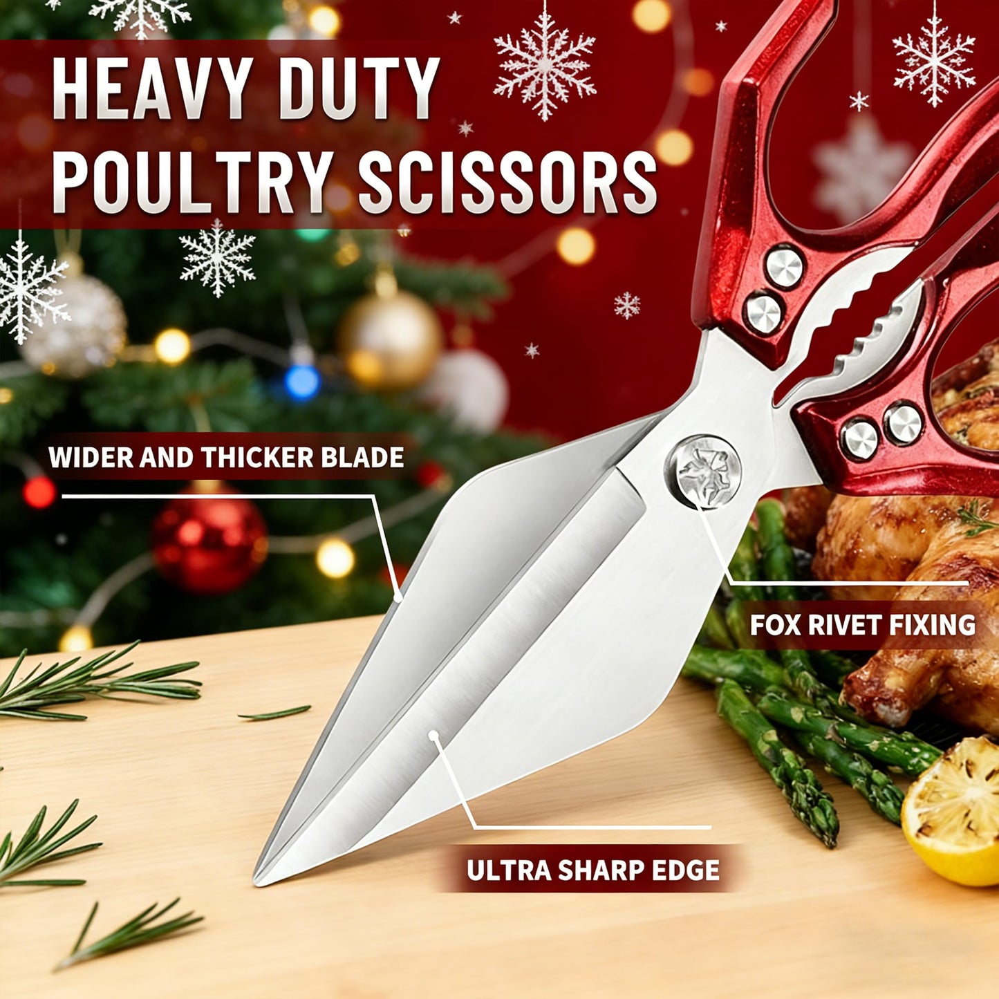 Multifunctional Heavy Duty Poultry Shears, Japanese High-Carbon Steel Kitchen Shears, Kitchen Scissors for Food,Stainless Steel Meat Scissors for Cutting Chicken, Turkey, Meat and Food Prep (Red)