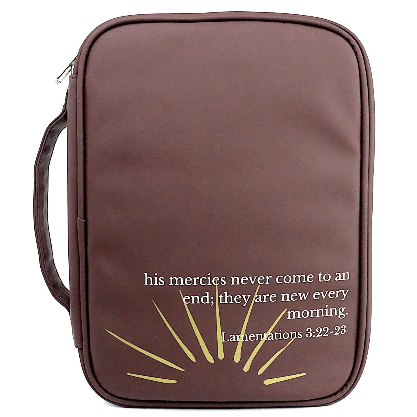 Bible Cover Dark Brown Vegan Leather with Scripture Verse Durable Bible Case with Elastic Page Holders Zipper Pocket Multiple Storage Options for Pens Notepad