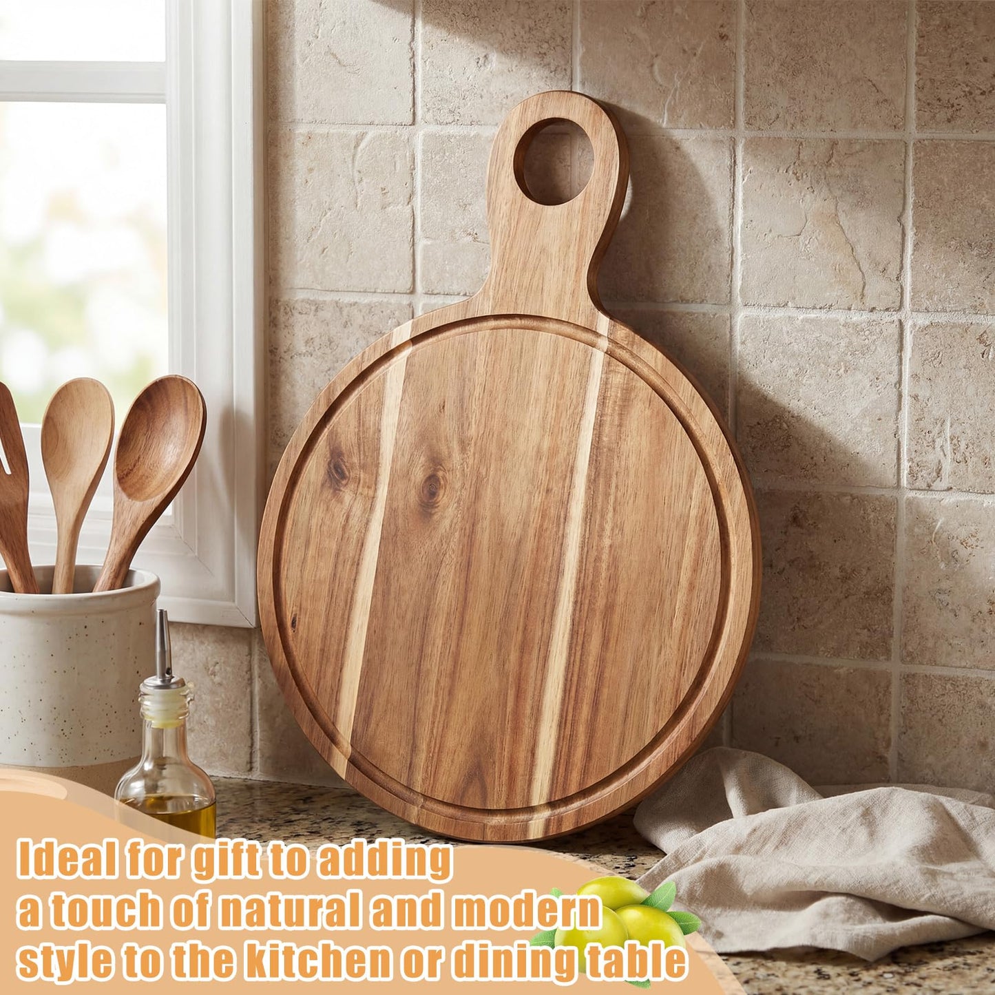 Yiyiring 10 Pcs Acacia Wood Cutting Board with Handle Bulk 15.8 x 11.4'' Round Charcuterie Chopping Board for Pizza Cheese Meat Decorative Natural Wooden Serving Tray for Kitchen and Dining Room
