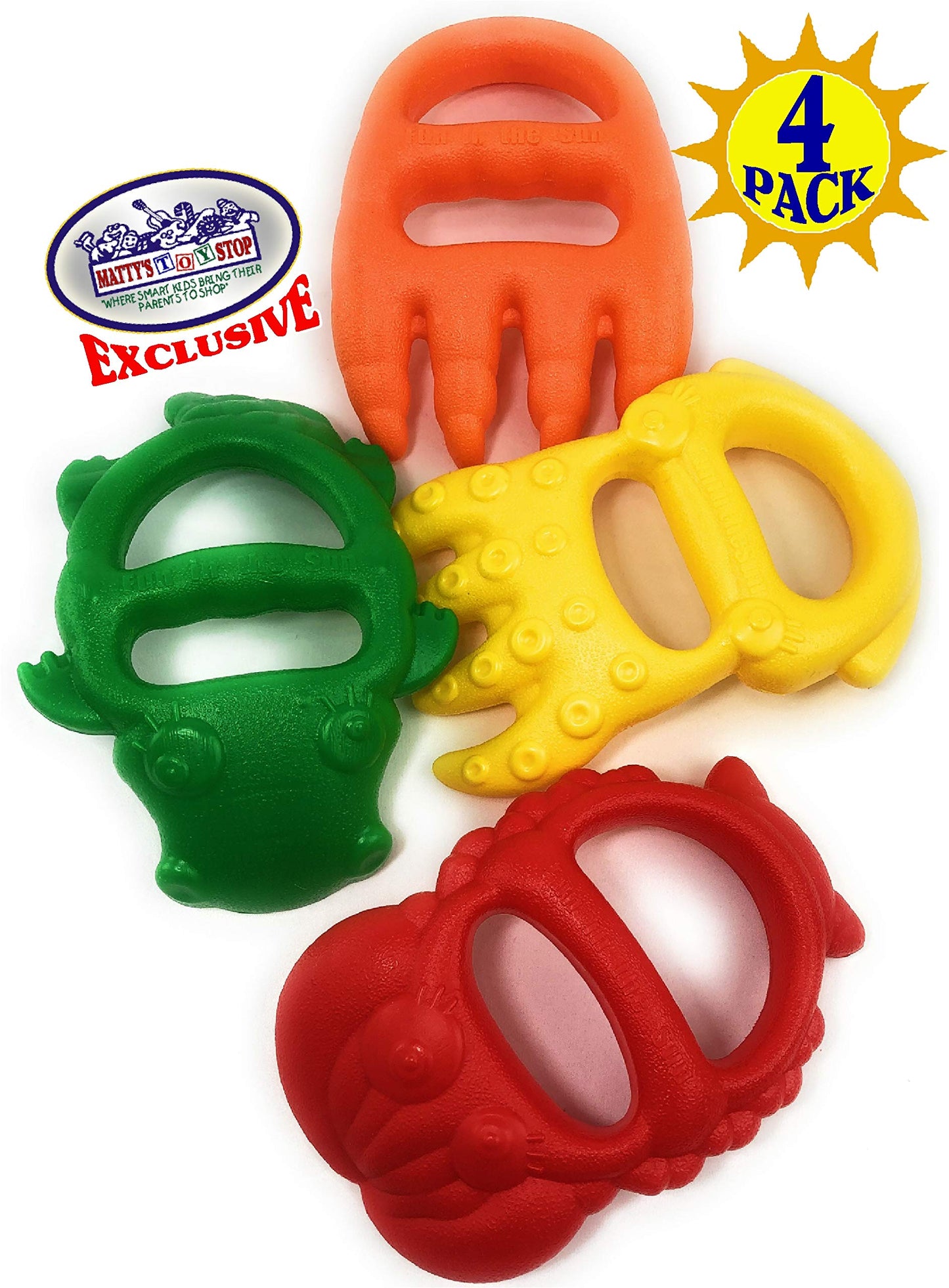 Matty's Toy Stop 7" Plastic Sand Digger Scoop Claws for Sand & Beach (Red, Yellow, Orange & Green) Complete Gift Set Bundle - 4 Pack
