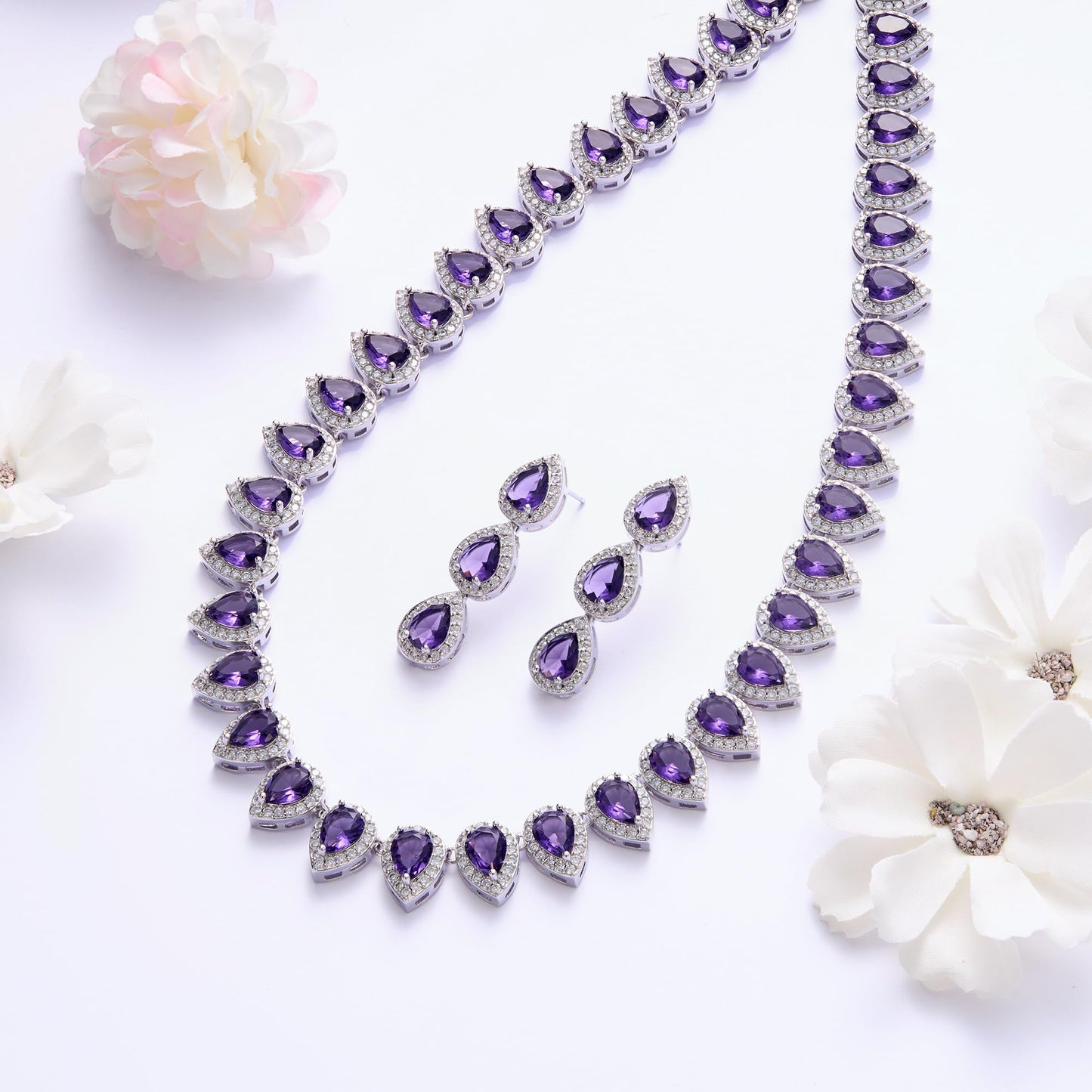 EleQueen Women's Wedding Bridal Full Prong Cubic Zirconia Teardrop Necklace Earrings Set for Brides Bridesmaids Amethyst Color