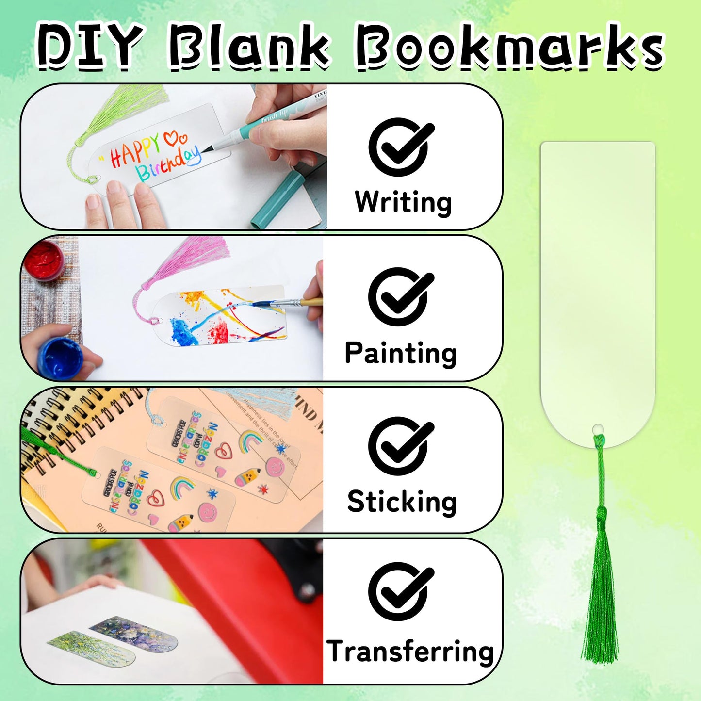 60PCS Acrylic Bookmark Blanks, DIY Bookmark Making Kit Bulk Bookmarks with Tassels for Adults Teacher, Plastic Plain Transparent Clear Blank Book Marks Decorating Supplies for Crafts (4 Shape)
